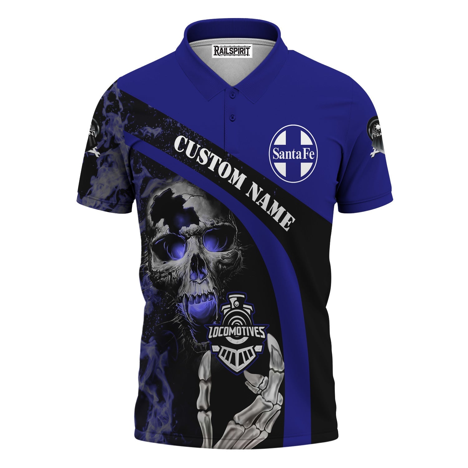 Railspirit Personalized Santa Fe ATSF Railway Polo Shirt Flame Skull Design Atchison, Topeka and Santa Fe Train Shirt for Locomotive Fans