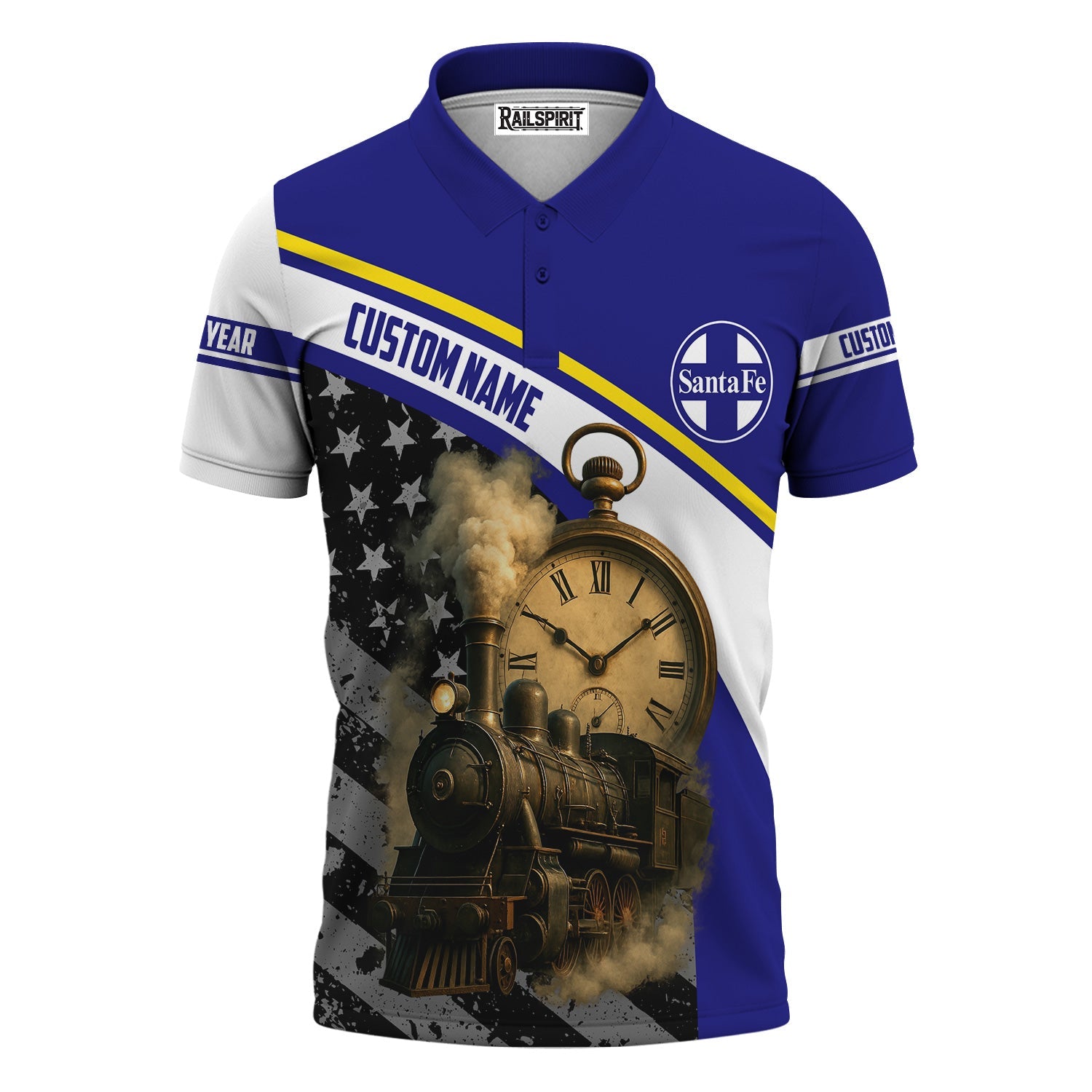 Railspirit Personalized Santa Fe Railway Polo Shirt Classic Steam Engine With Retro Pocket Watch Atchison, Topeka and Santa Fe Railway Shirt