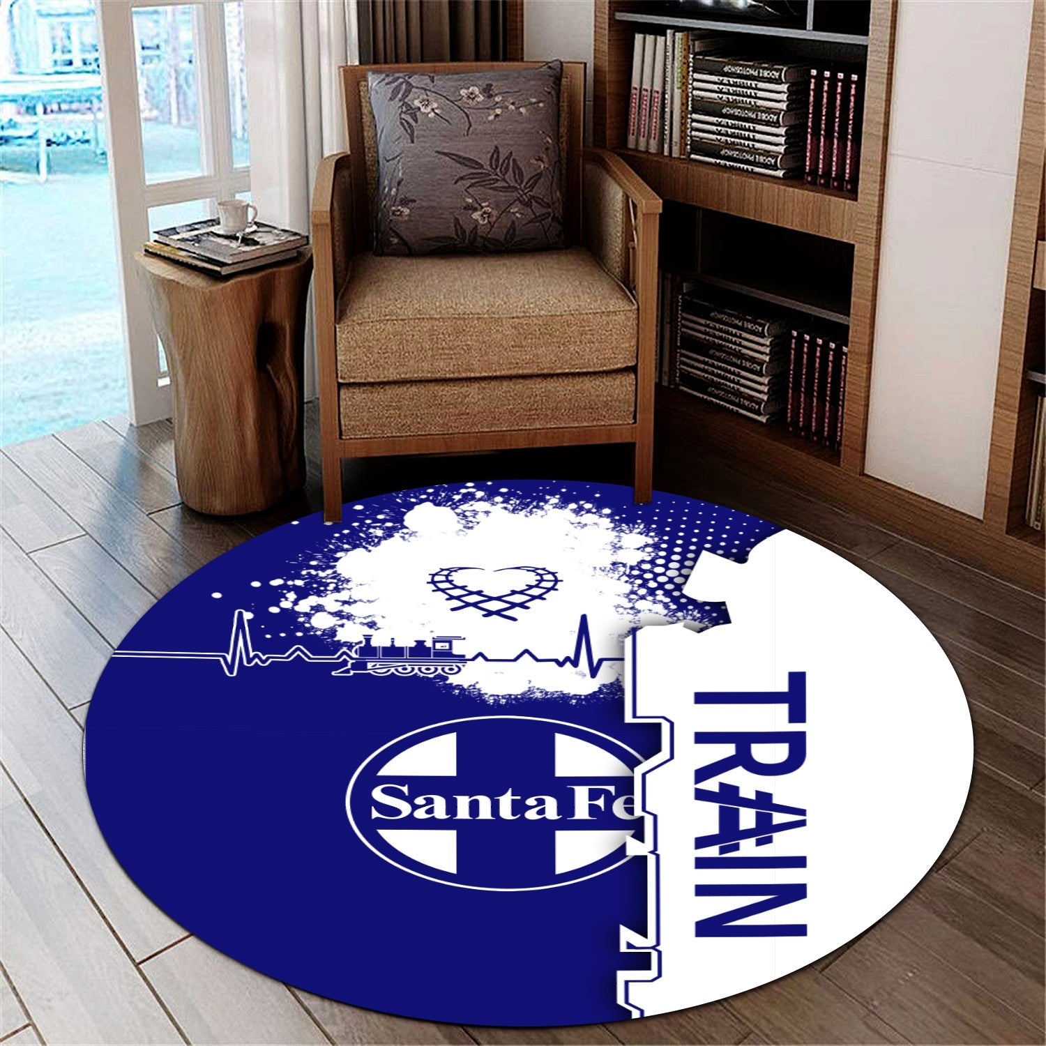 Railspirit Santa Fe Railway Round Mat Engine Heartbeat and Track Love Style Atchison, Topeka and Santa Fe Railway Mat Gift Idea For Train Lovers