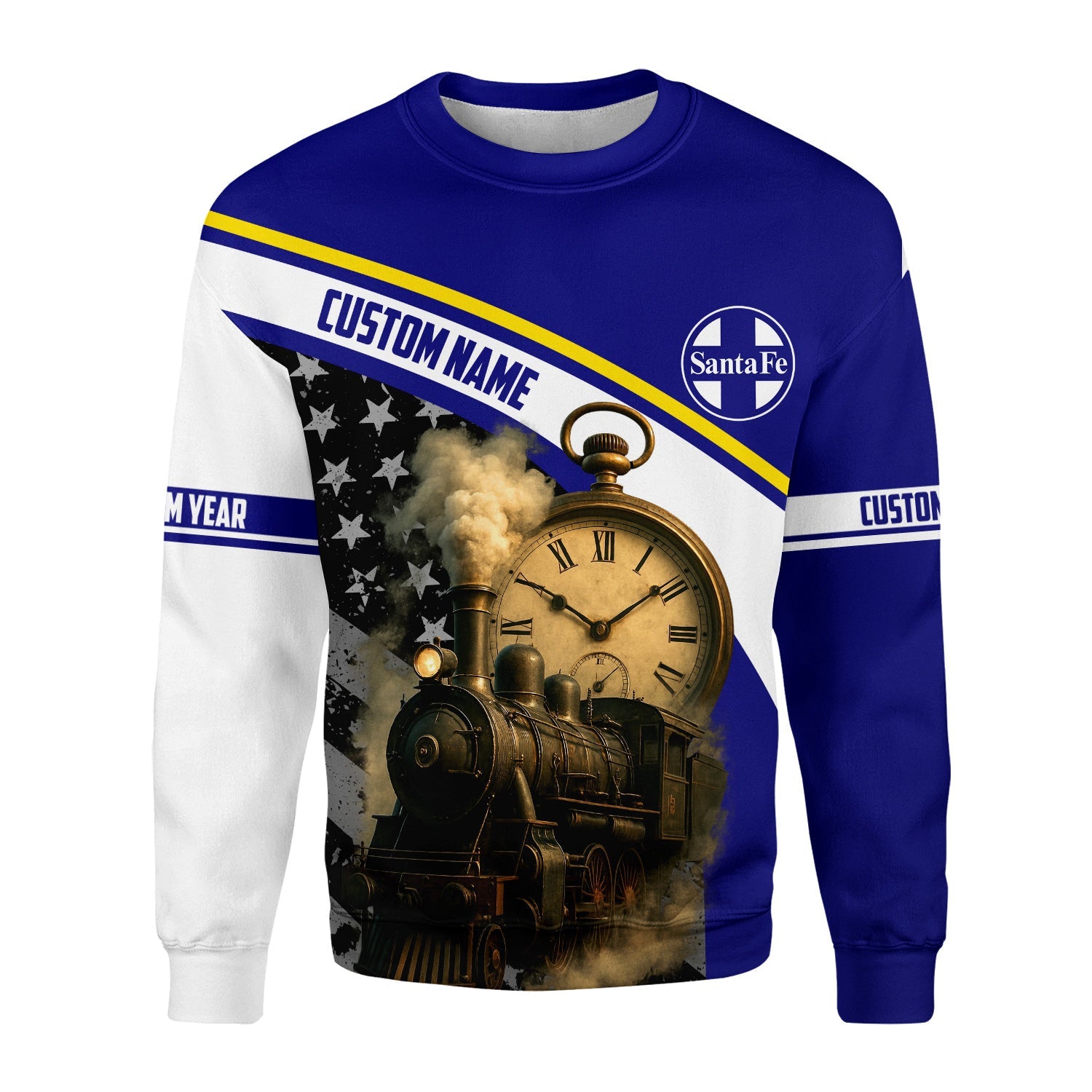Railspirit Personalized Santa Fe Railway Sweatshirt Classic Steam Engine With Retro Pocket Watch Atchison, Topeka and Santa Fe Railway Shirt