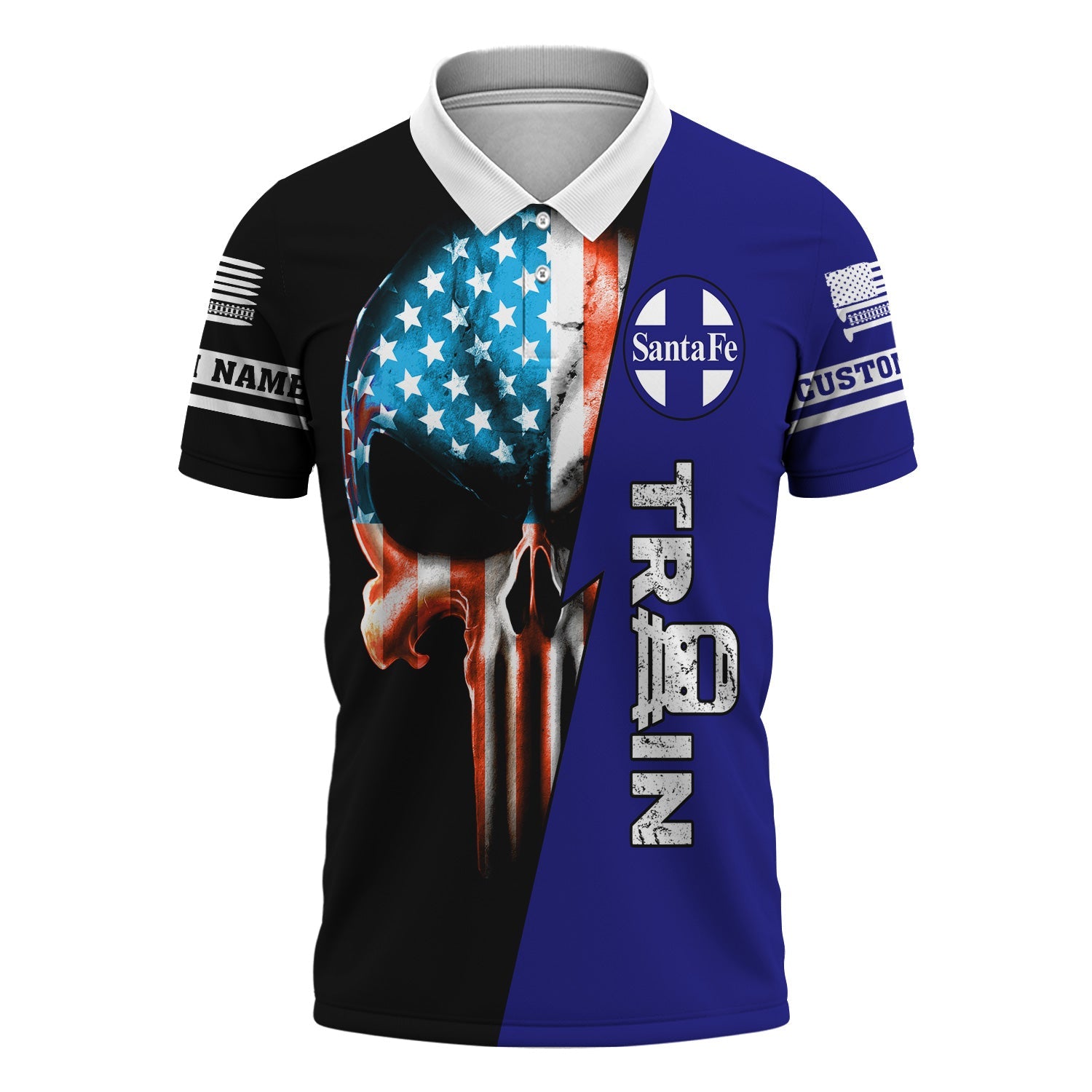 Railspirit Personalized Santa Fe Railway Polo Shirt Train Skull American Flag Atchison, Topeka and Santa Fe Railway Shirt All Over Print