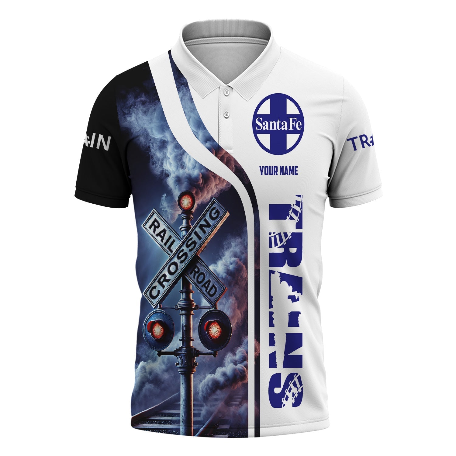 Railspirit Personalized Santa Fe Railway Polo Shirt Crossing Railroad Sign American Locomotive Train Shirt All Over Print