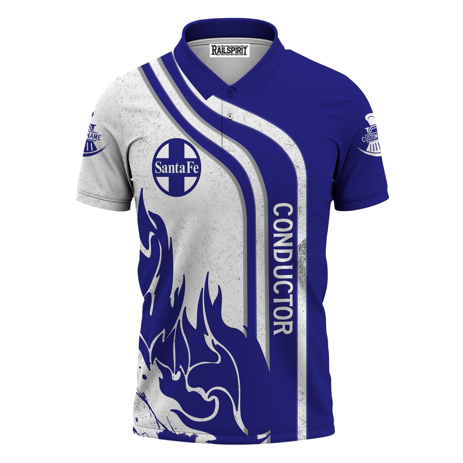 Railspirit Personalized Santa Fe ATSF Railway Polo Shirt Flame Design with Custom Job Position Atchison, Topeka and Santa Fe Train Shirt