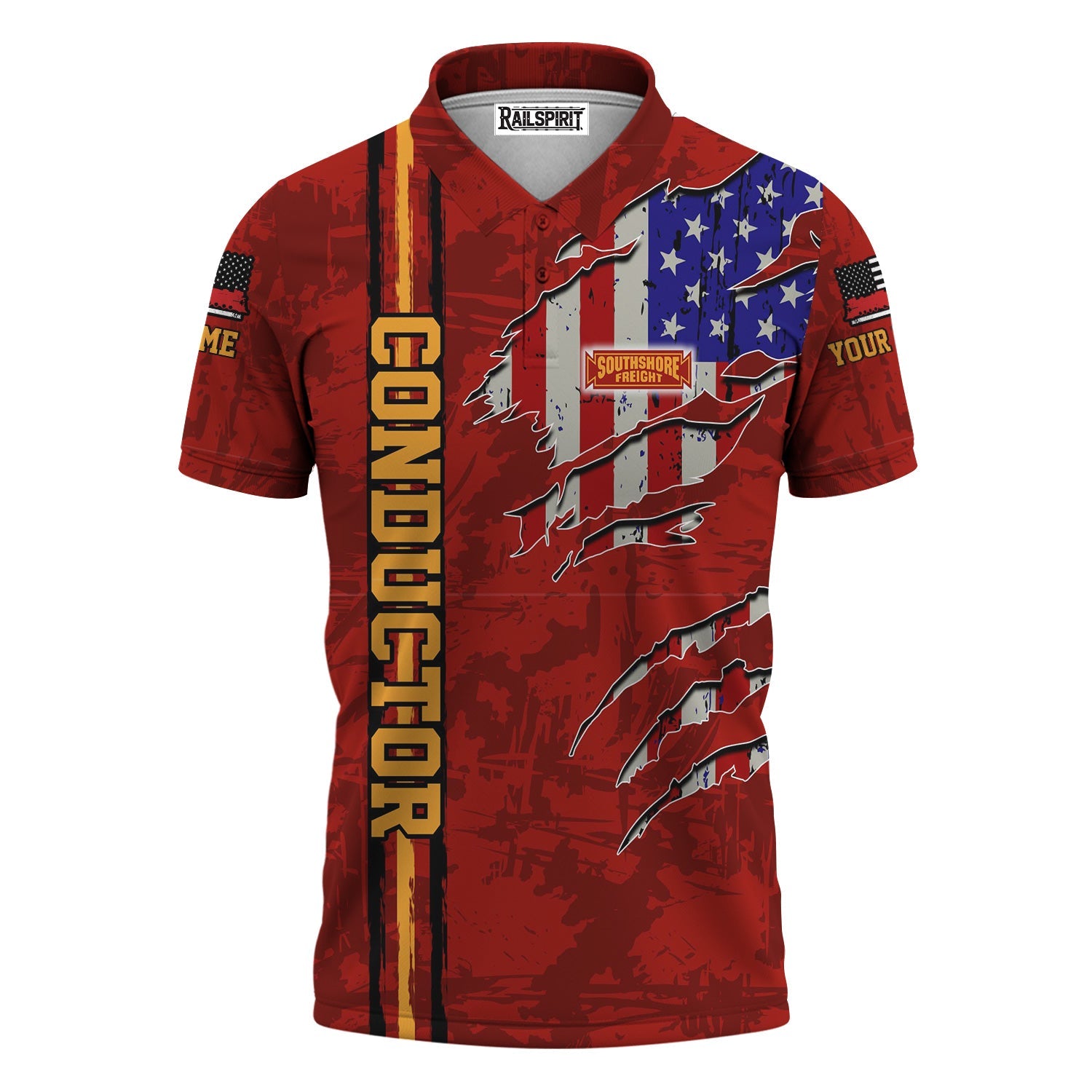 Railspirit Personalized Chicago South Shore and South Bend Railroad Polo Shirt USA Flag Claw Art with Custom Job Train Shirt