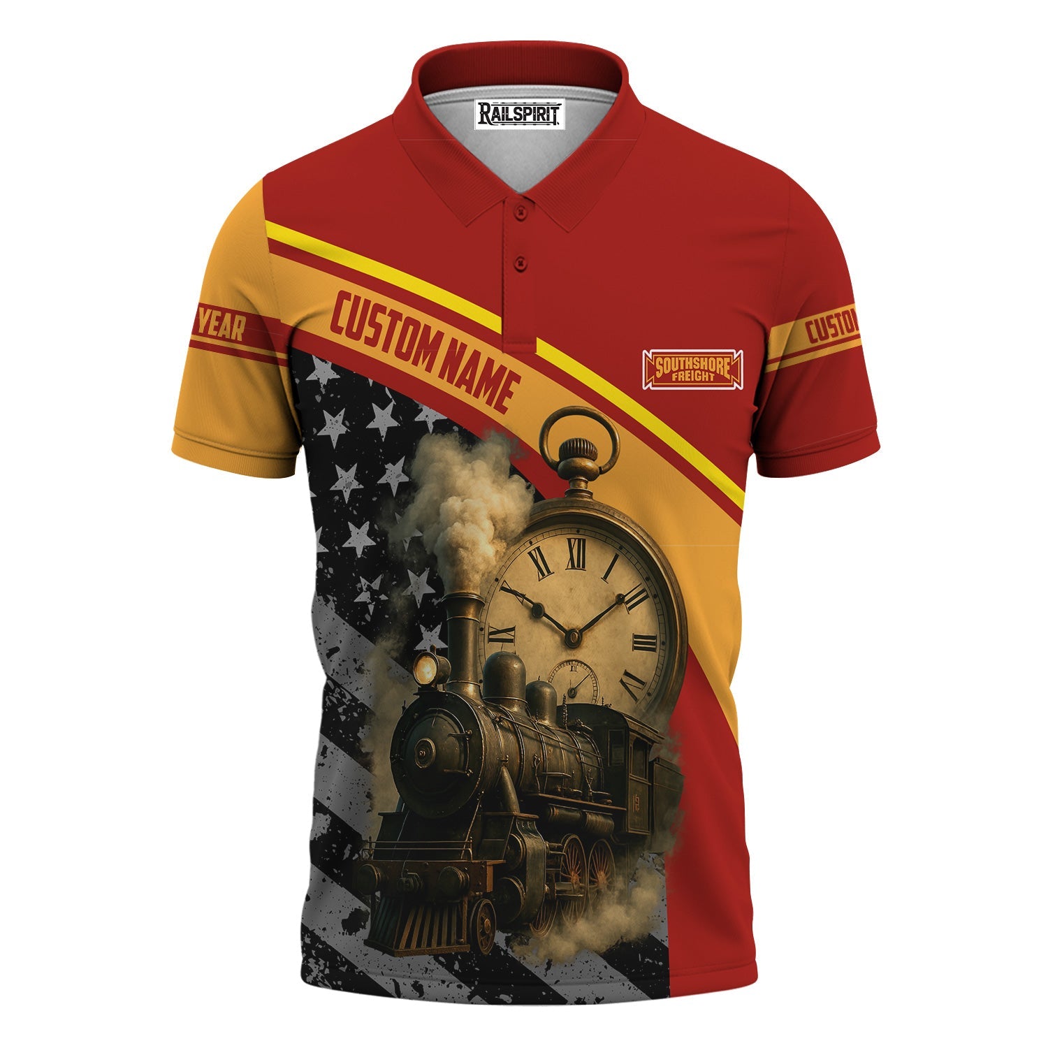 Railspirit Personalized Chicago South Shore and South Bend Railroad Polo Shirt Classic Steam Engine With Retro Pocket Watch Shirt All Over Print