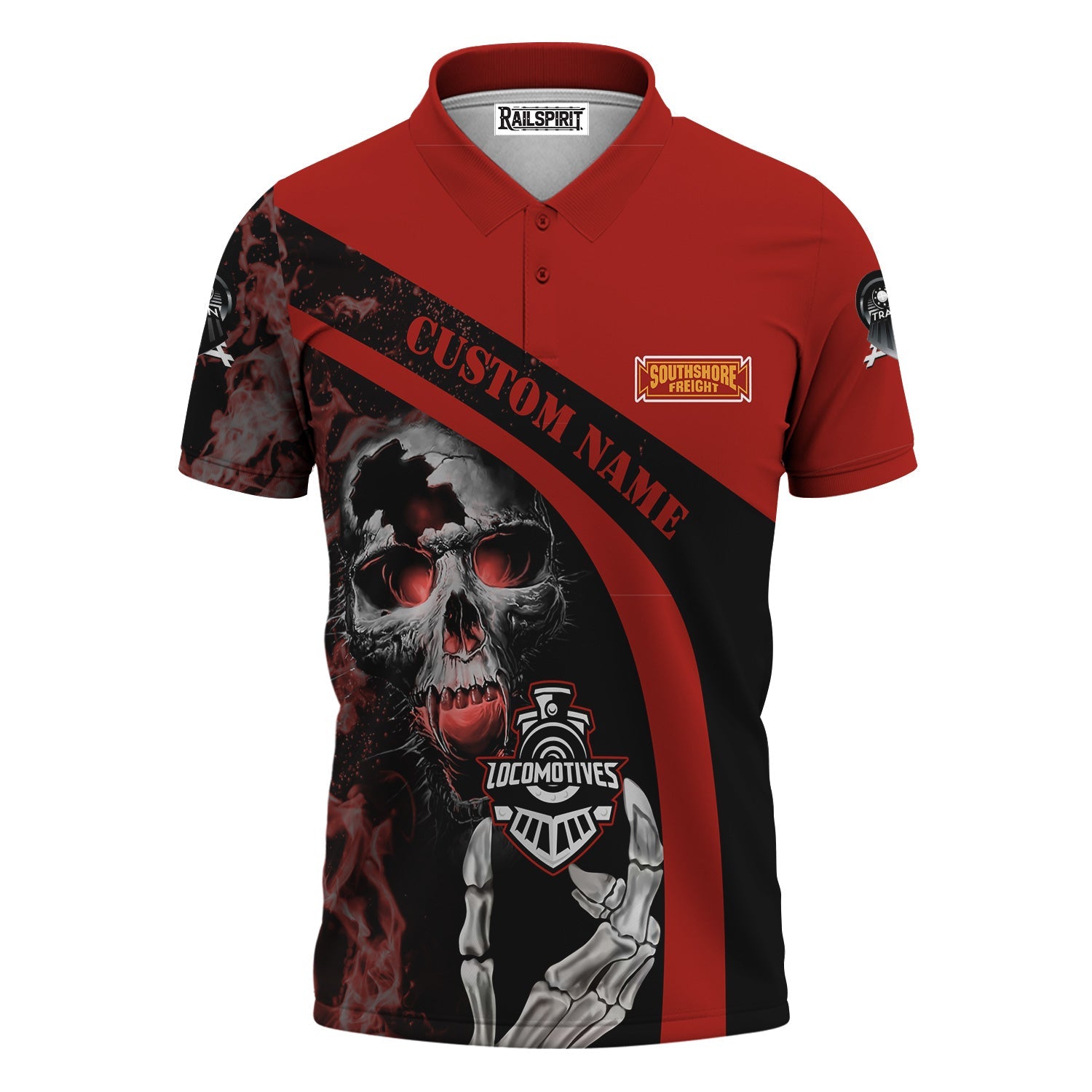 Railspirit Personalized Chicago South Shore and South Bend Railroad Polo Shirt Flame Skull Design Train Shirt for Locomotive Fans