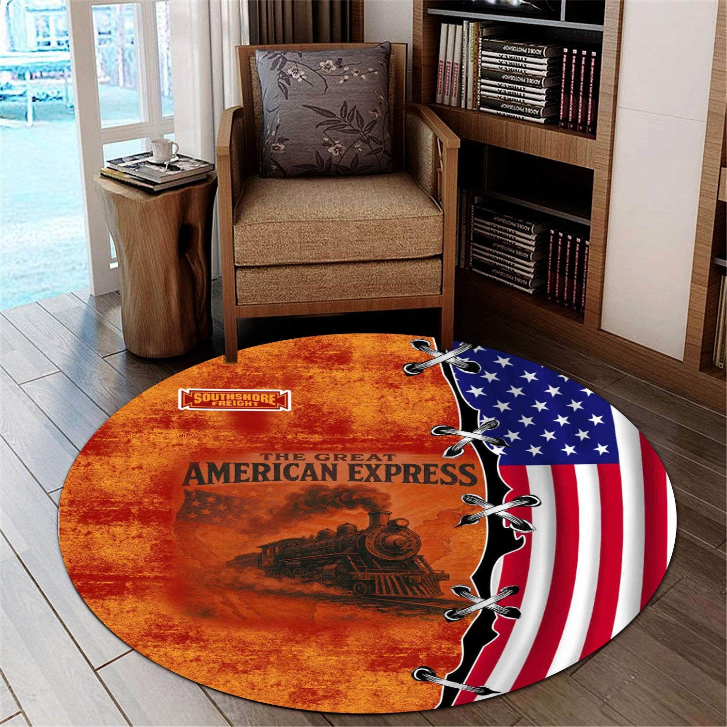 Railspirit Chicago South Shore and South Bend Railroad Round Mat Retro American Express Train With USA Flag Round Mat
