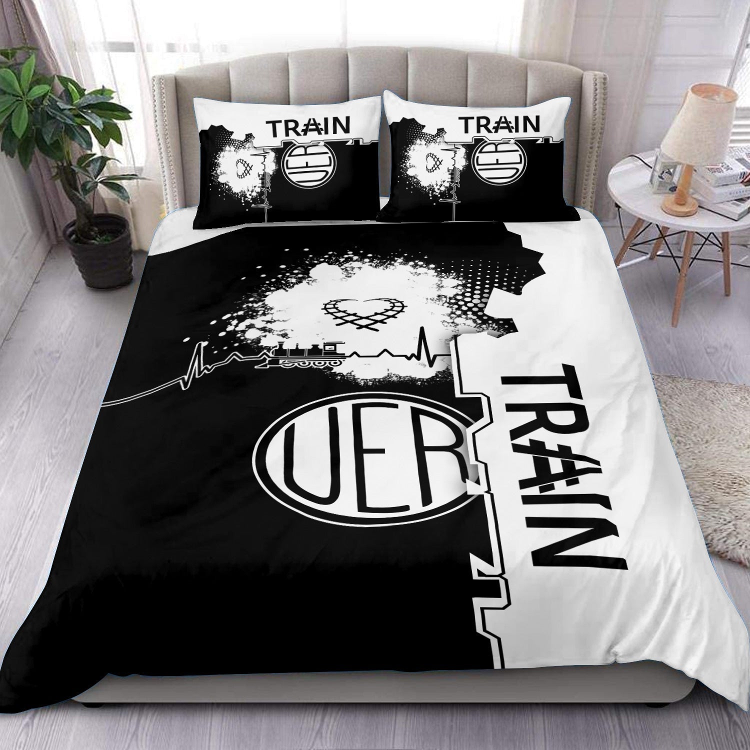 Railspirit Union Electric Railway Bedding Set Engine Heartbeat and Track Love Style Bedding Set Gift Idea For Train Lovers