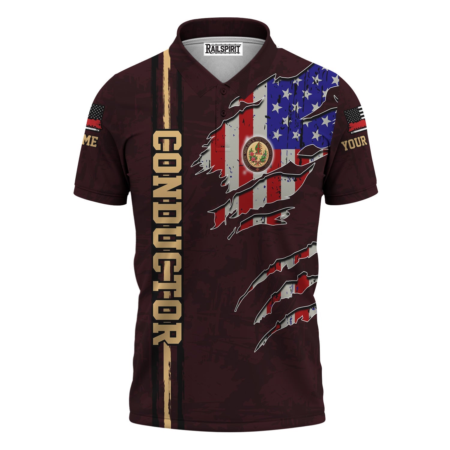 Railspirit Personalized London, Midland and Scottish Railway Polo Shirt USA Flag Claw Art with Custom Job Train Shirt