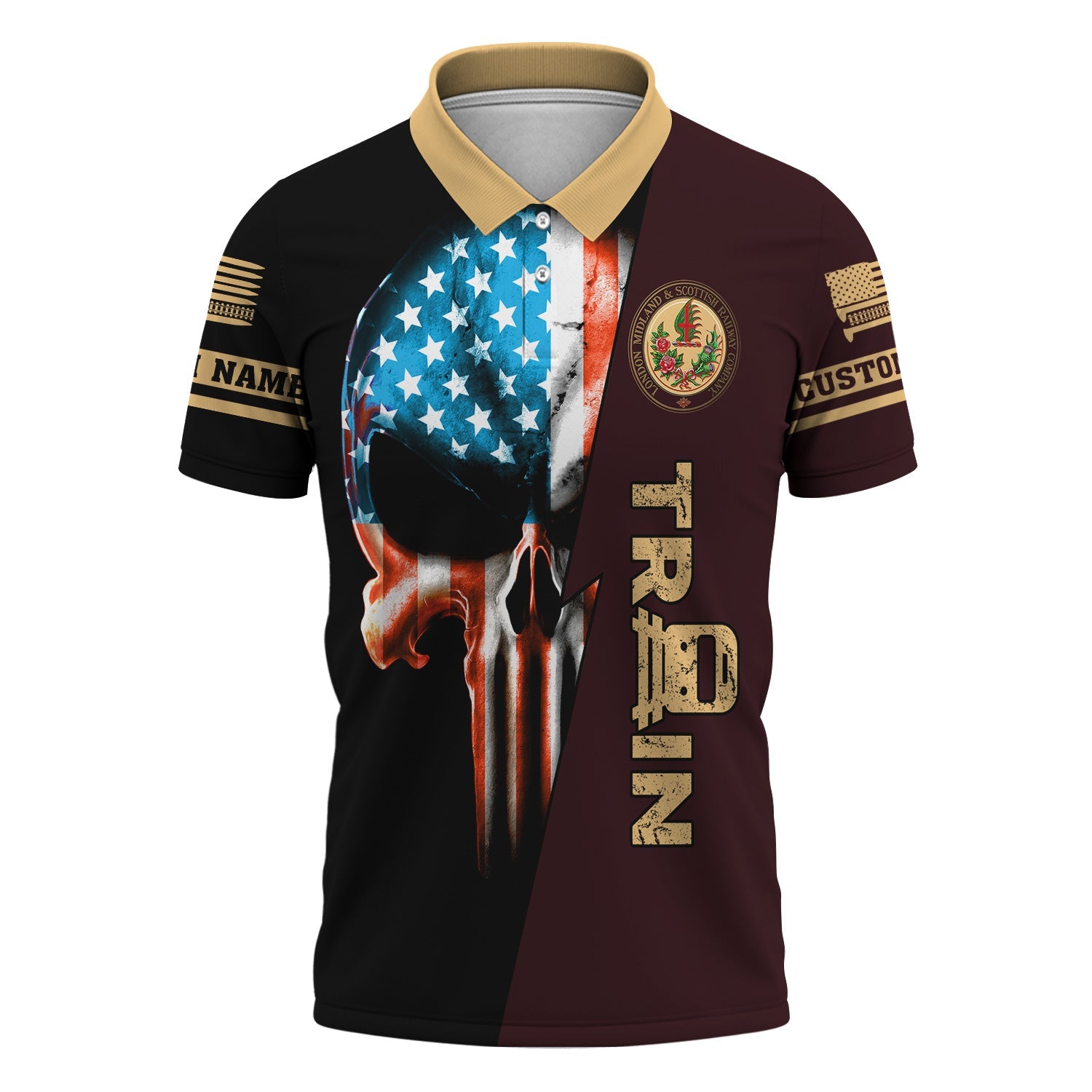 Railspirit Personalized London, Midland and Scottish Railway Polo Shirt Train Skull American Flag Shirt All Over Print
