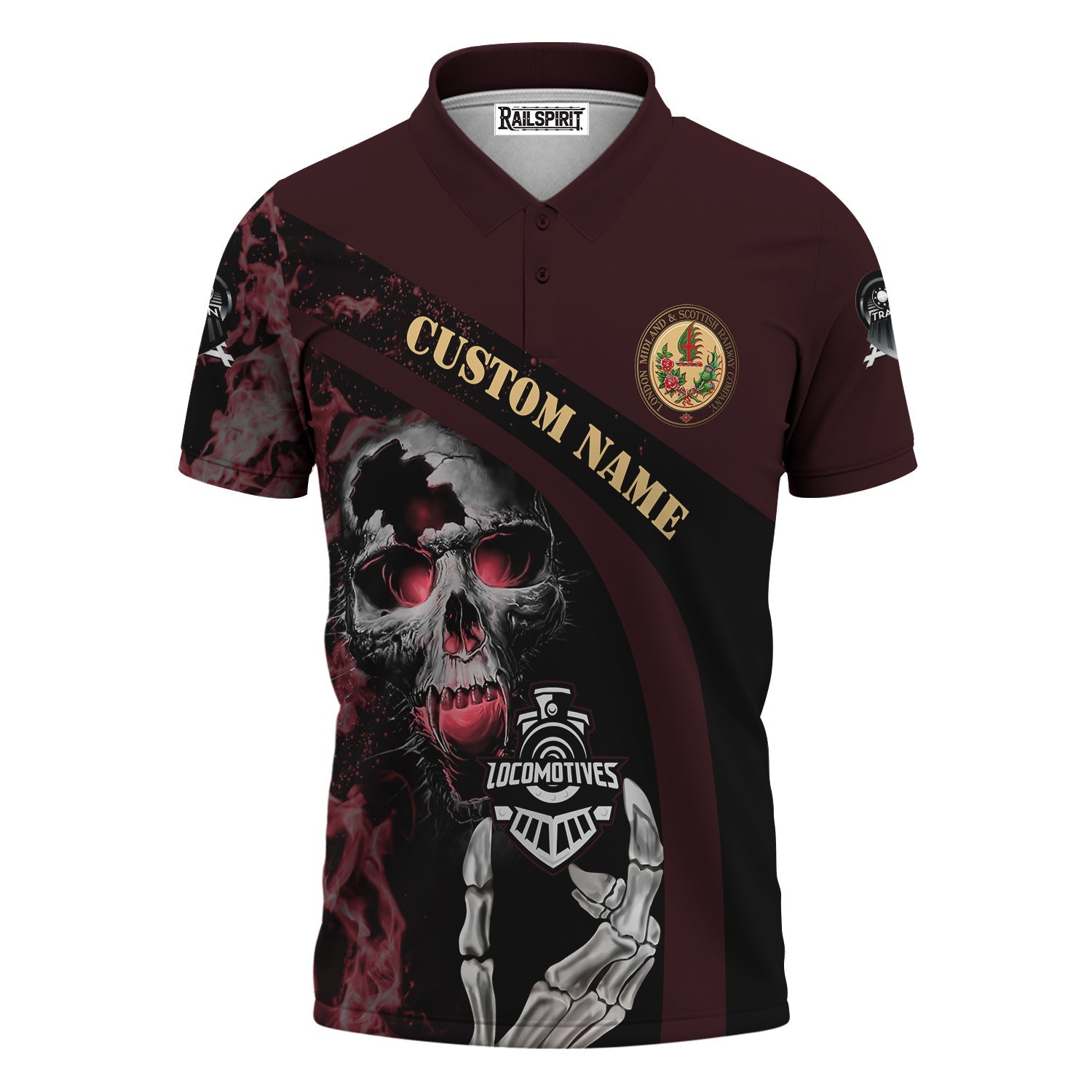 Railspirit Personalized London, Midland and Scottish Railway Polo Shirt Flame Skull Design Train Shirt for Locomotive Fans