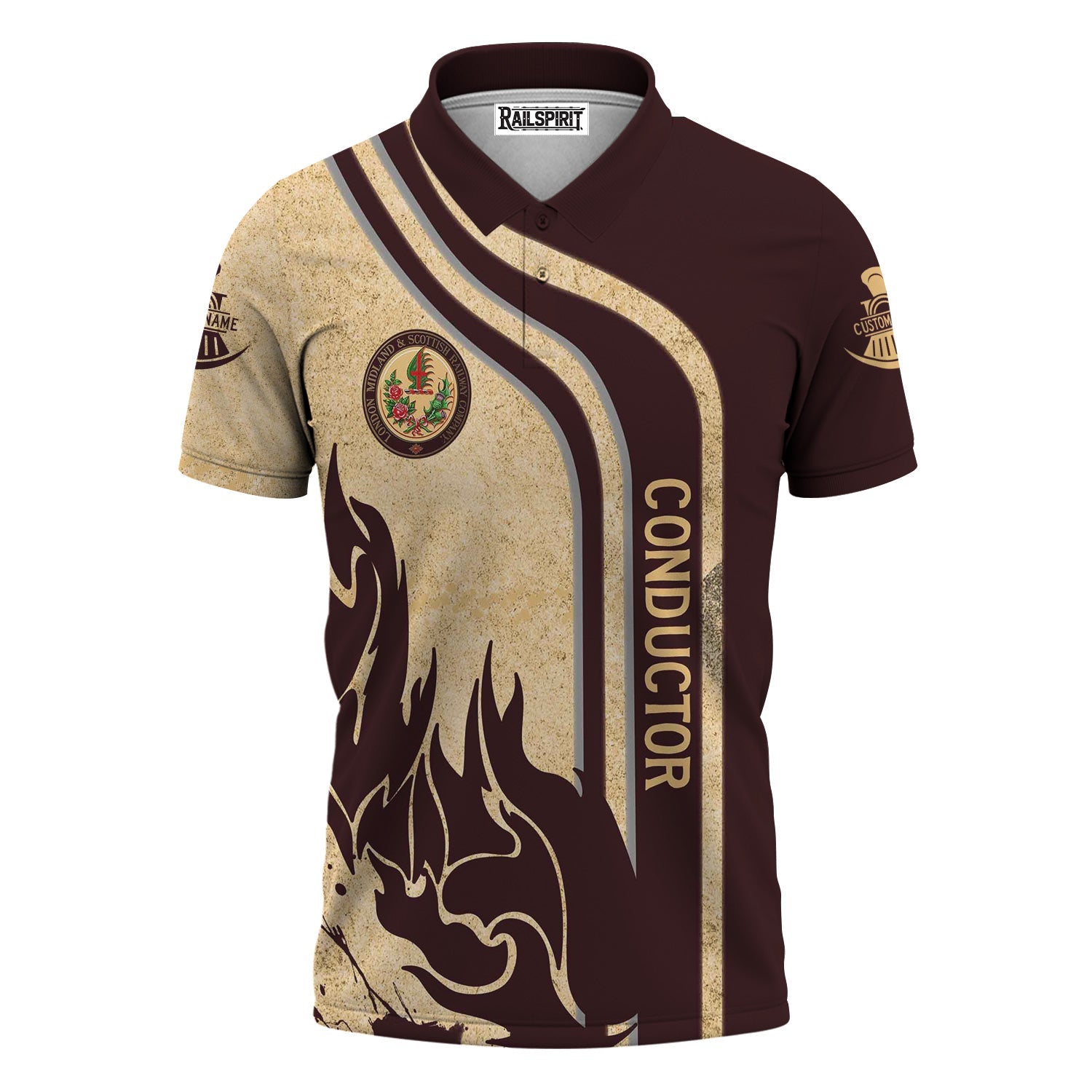 Railspirit Personalized London, Midland and Scottish Railway Polo Shirt Flame Design with Custom Job Position Train Shirt