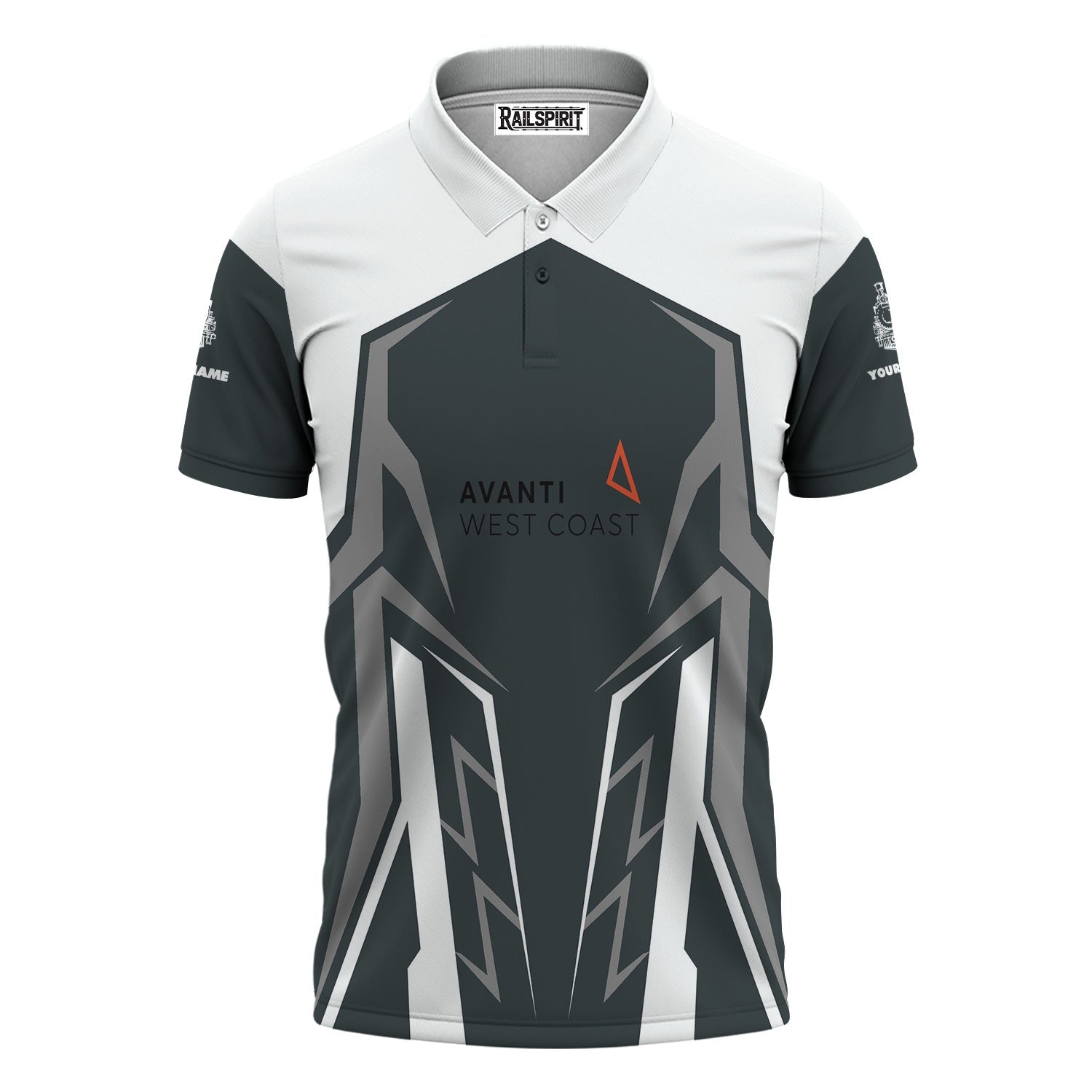 Railspirit Personalized Avanti West Coast Polo Shirt Futuristic Design with Custom Job Train Shirt