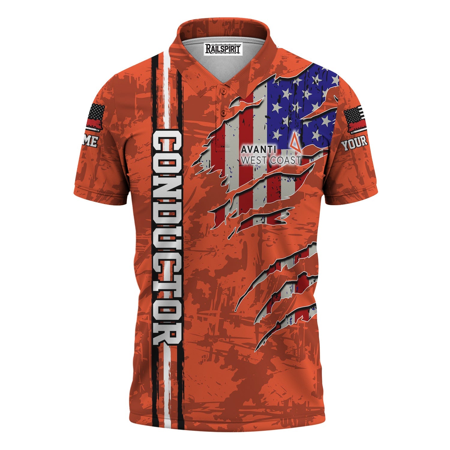 Railspirit Personalized Avanti West Coast Polo Shirt USA Flag Claw Art with Custom Job Train Shirt