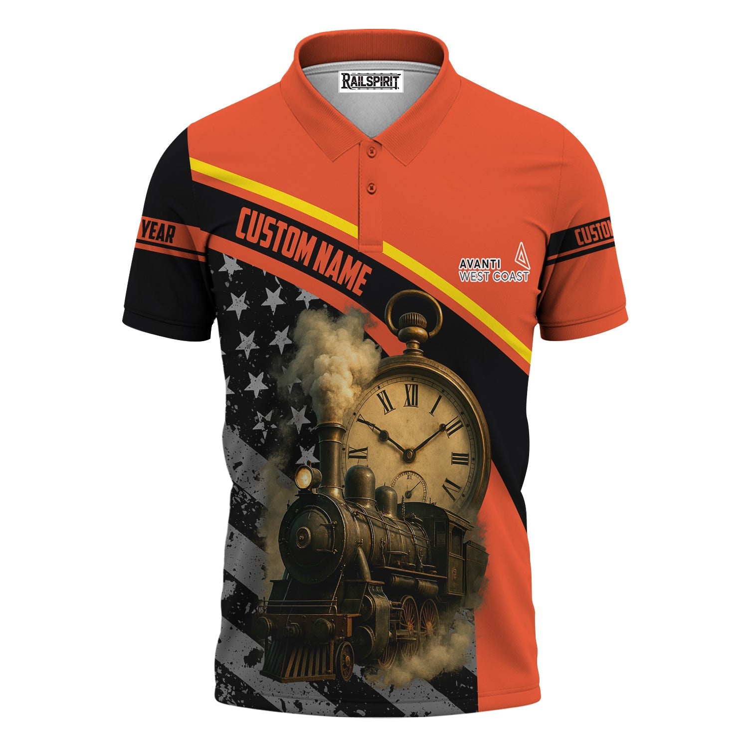 Railspirit Personalized Avanti West Coast Polo Shirt Classic Steam Engine With Retro Pocket Watch Shirt All Over Print