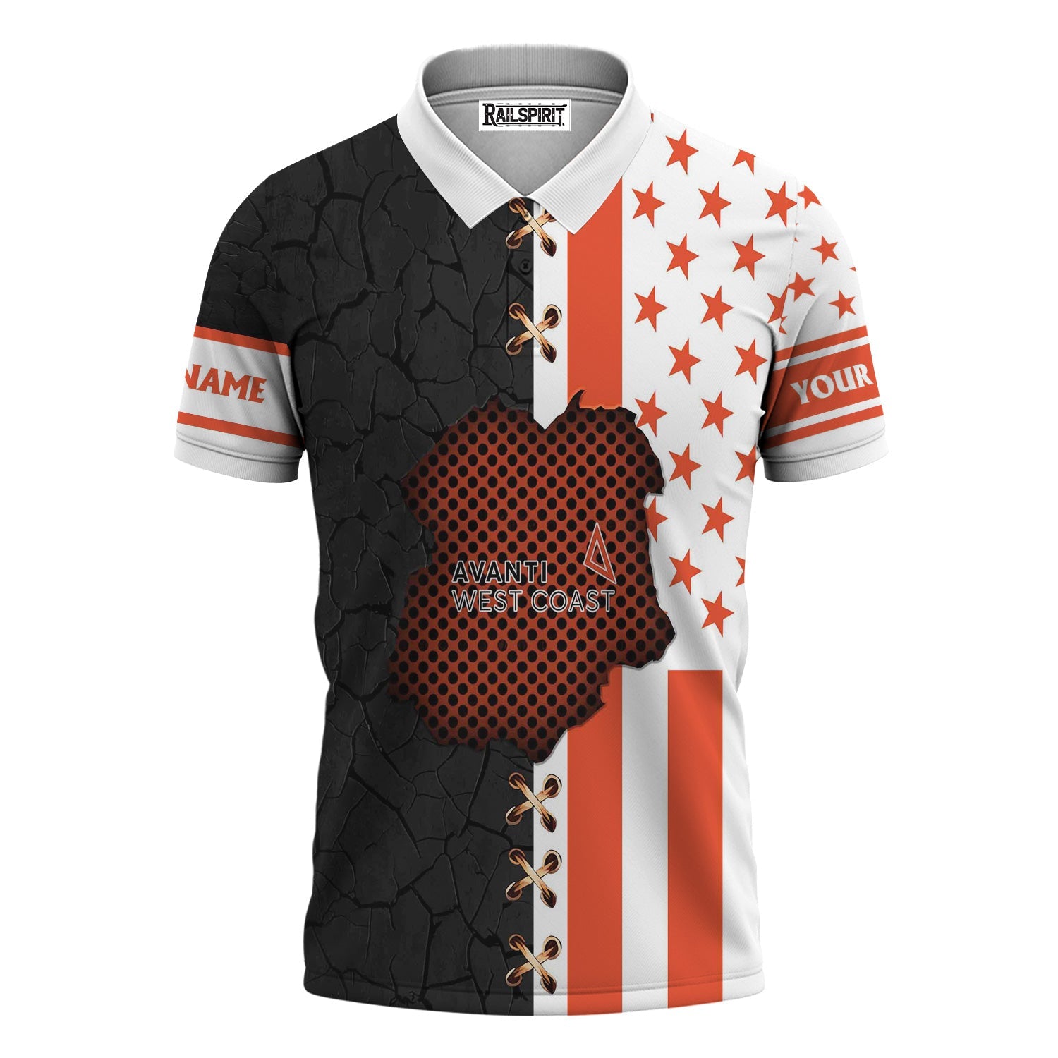 Railspirit Personalized Avanti West Coast Polo Shirt American Flag with Crack Effect Train Shirt