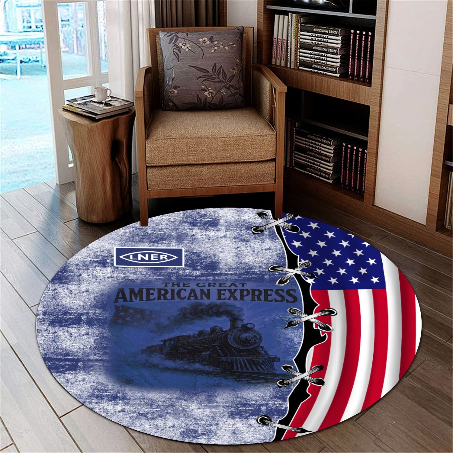 Railspirit London and North Eastern Railway Round Mat Retro American Express Train With USA Flag Round Mat