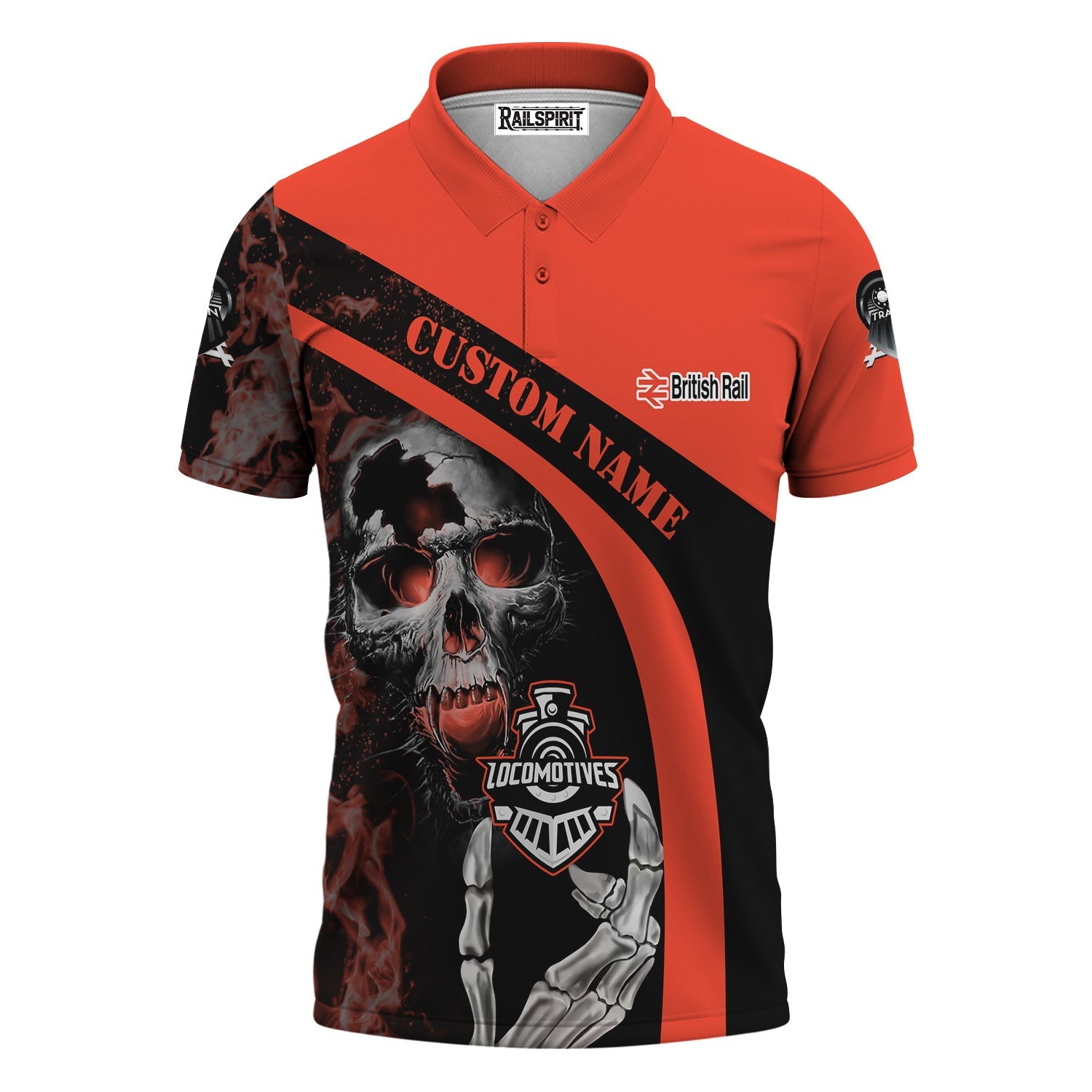 Railspirit Personalized British Railway Polo Shirt Flame Skull Design Train Shirt for Locomotive Fans