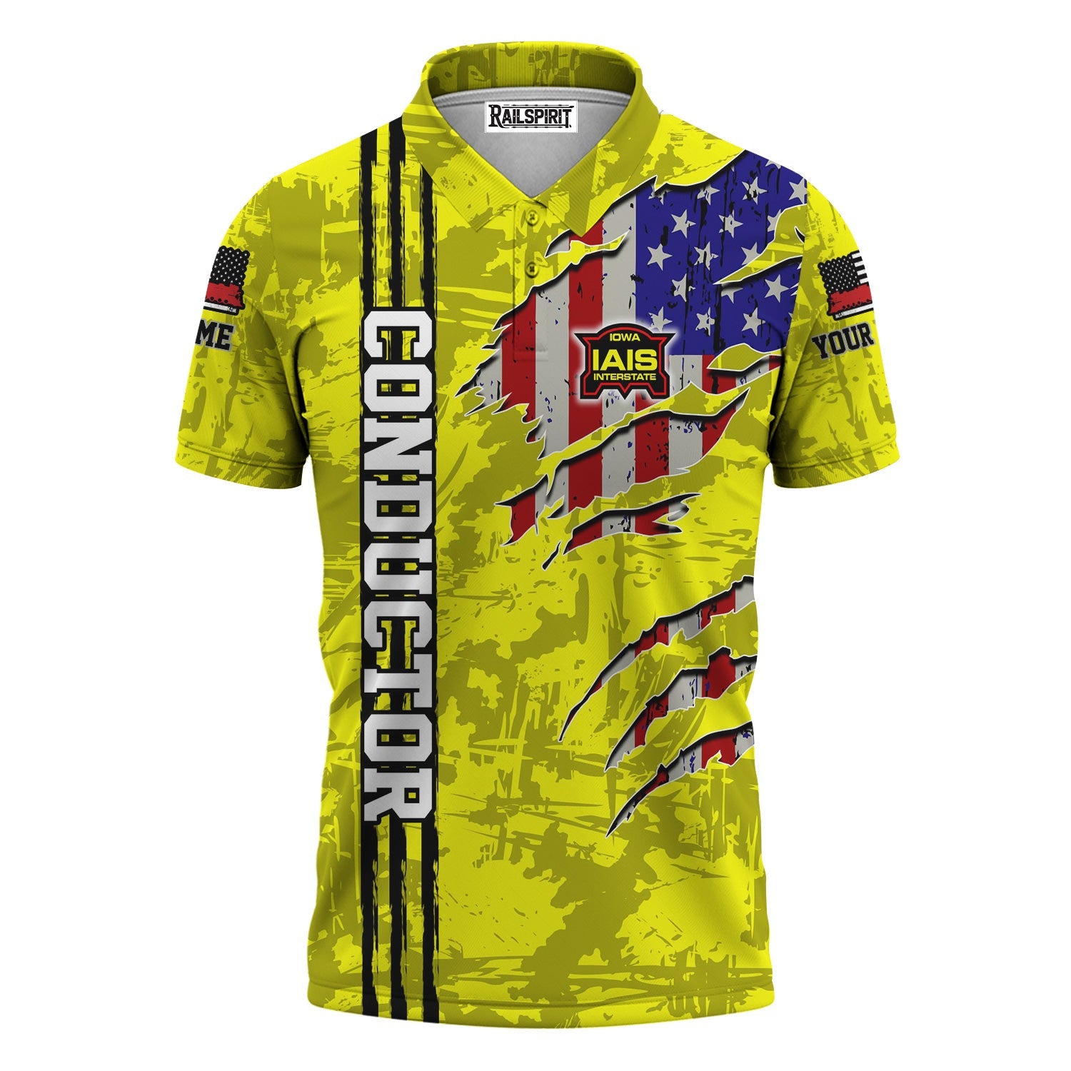 Railspirit Personalized Iowa Interstate Railroad Polo Shirt USA Flag Claw Art with Custom Job IAIS Train Shirt