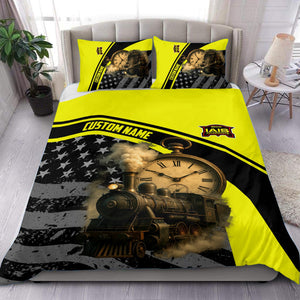 Railspirit Personalized Iowa Interstate Railroad Bedding Set Classic Steam Engine With Retro Pocket Watch IAIS Bedding Set All Over Print