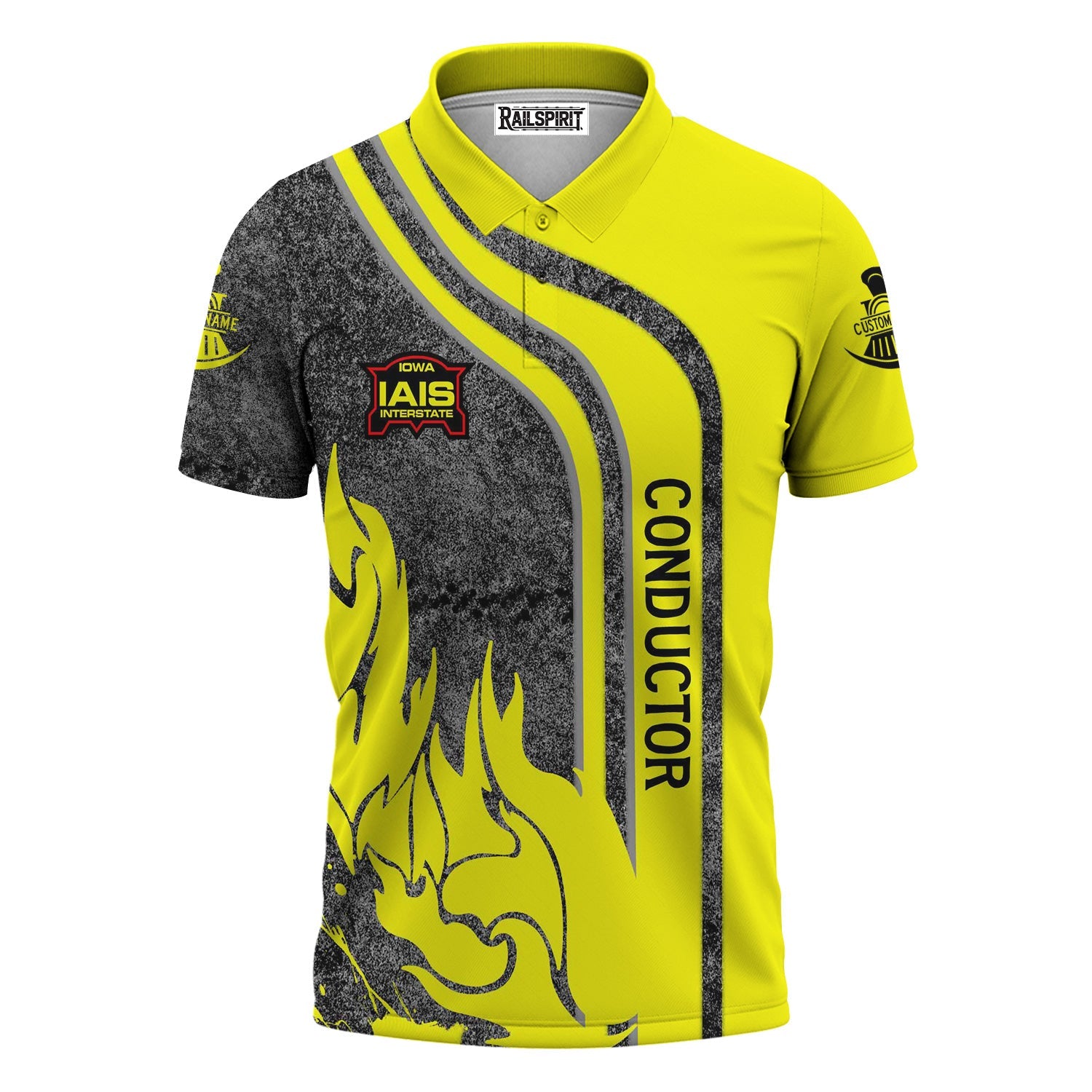 Railspirit Personalized Iowa Interstate Railroad Polo Shirt Flame Design with Custom Job Position IAIS Train Shirt