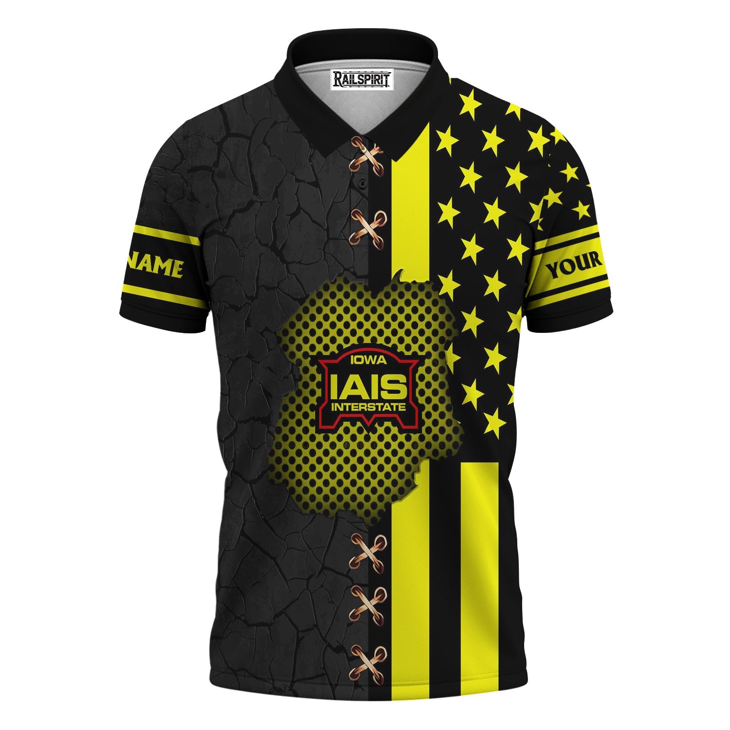 Railspirit Personalized Iowa Interstate Railroad Polo Shirt American Flag with Crack Effect IAIS Train Shirt
