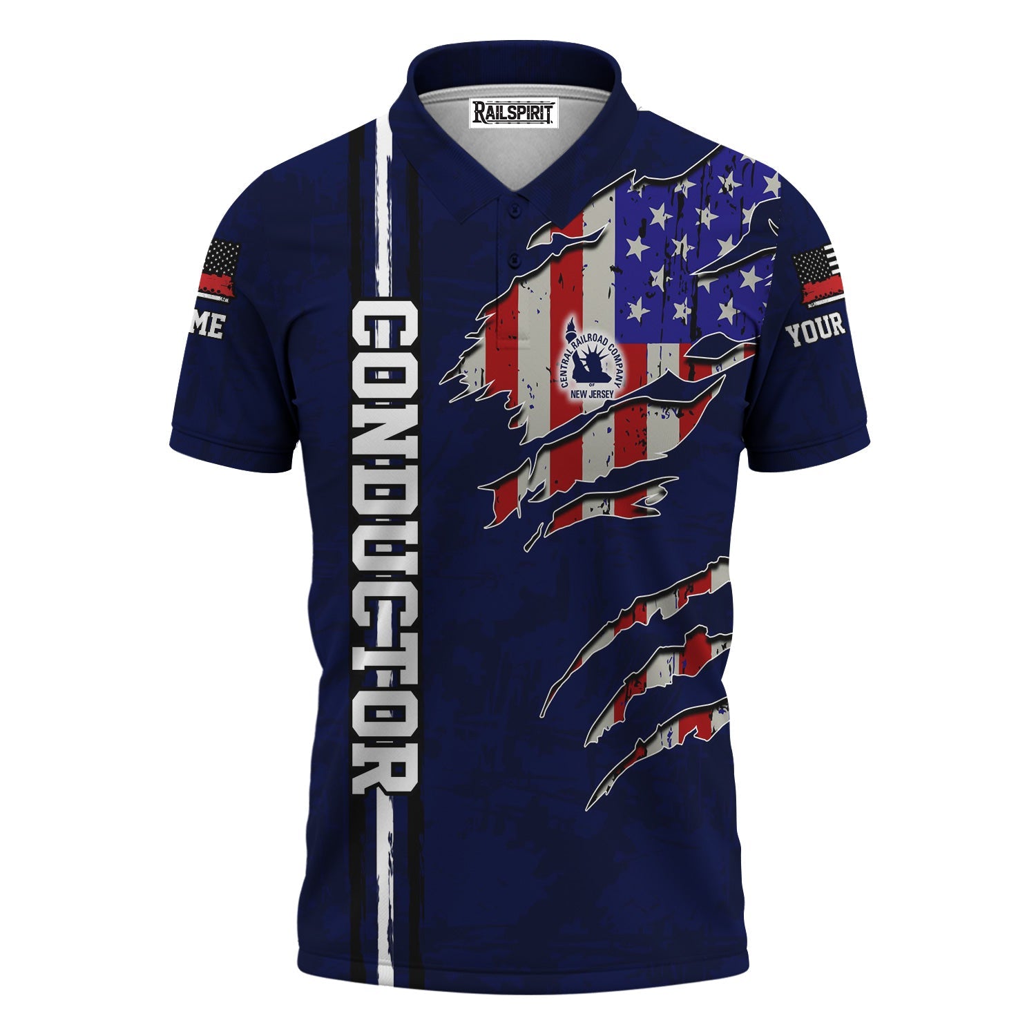 Railspirit Personalized Jersey Central Railroad Polo Shirt USA Flag Claw Art with Custom Job CNJ Train Shirt