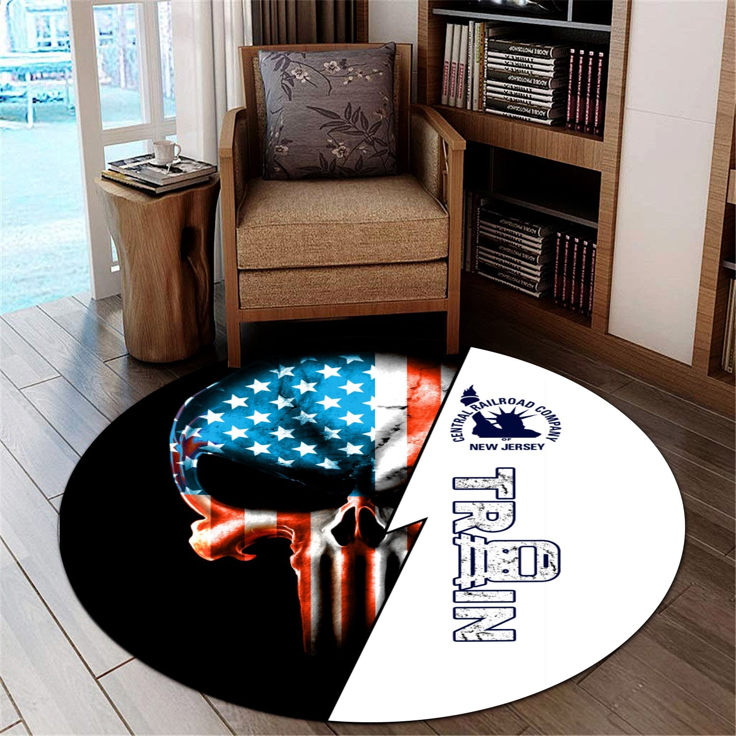 Railspirit Jersey Central Railroad Round Mat Train Skull American Flag Style Rug All Over Print