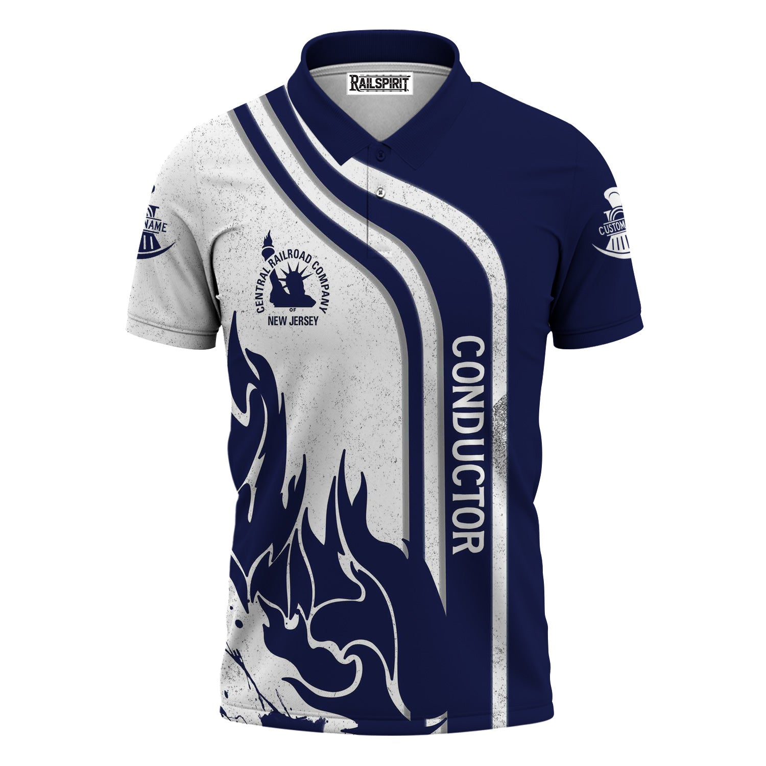 Railspirit Personalized Jersey Central Railroad Polo Shirt Flame Design with Custom Job Position CNJ Train Shirt