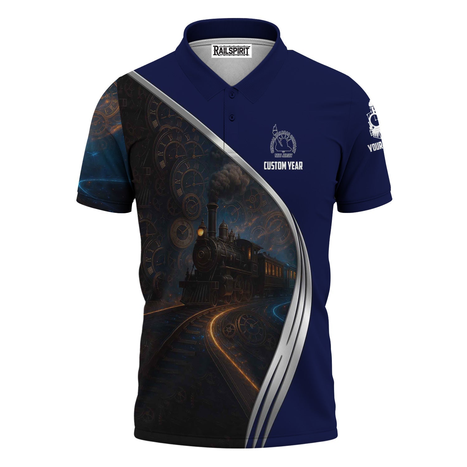 Railspirit Personalized Jersey Central Railroad Polo Shirt Steampunk Locomotive with Custom Year CNJ Train Shirt