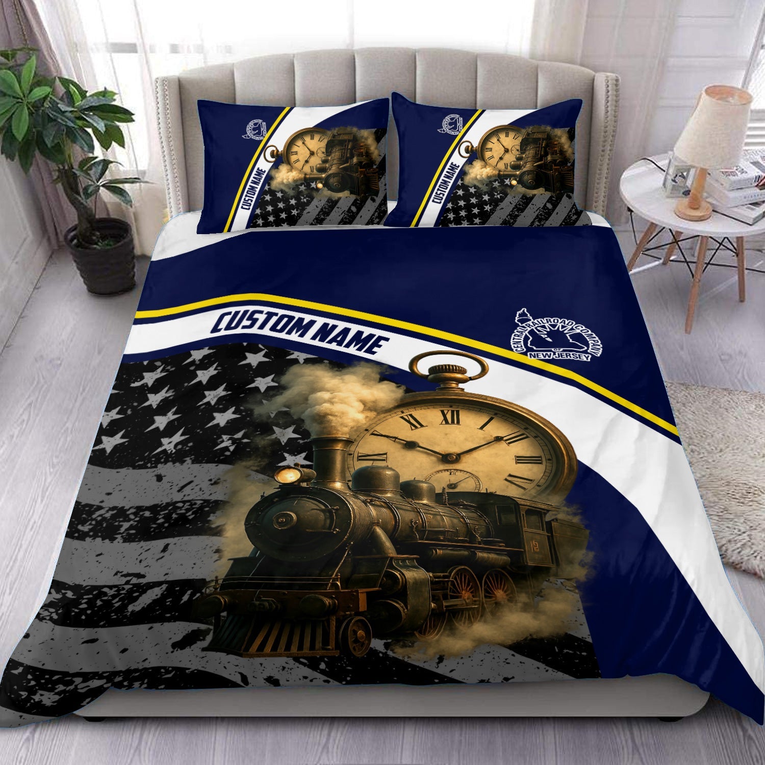 Railspirit Personalized Jersey Central Railroad Bedding Set Classic Steam Engine With Retro Pocket Watch Bedding Set All Over Print