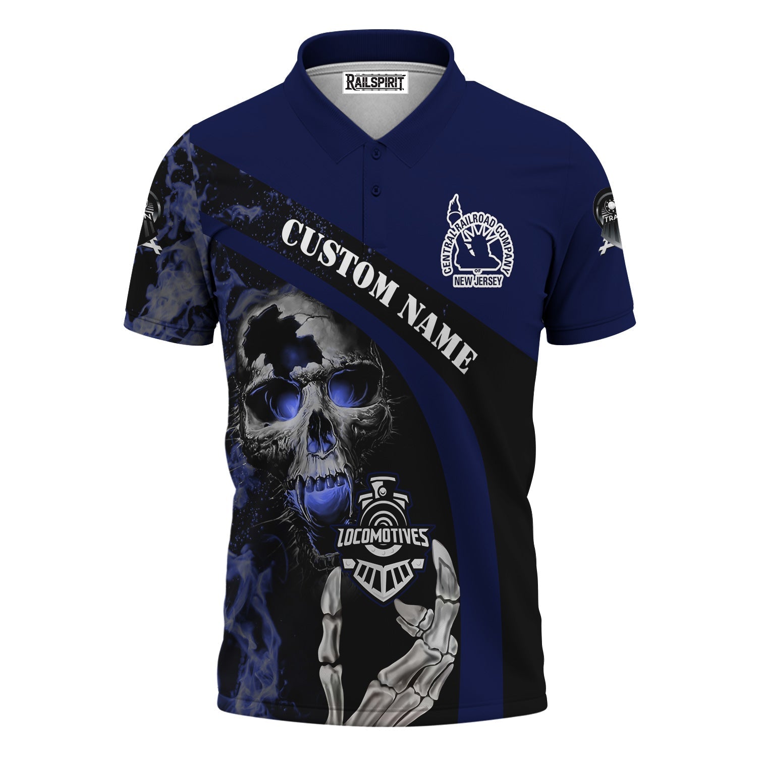 Railspirit Personalized Jersey Central Railroad Polo Shirt Flame Skull Design CNJ Train Shirt for Locomotive Fans