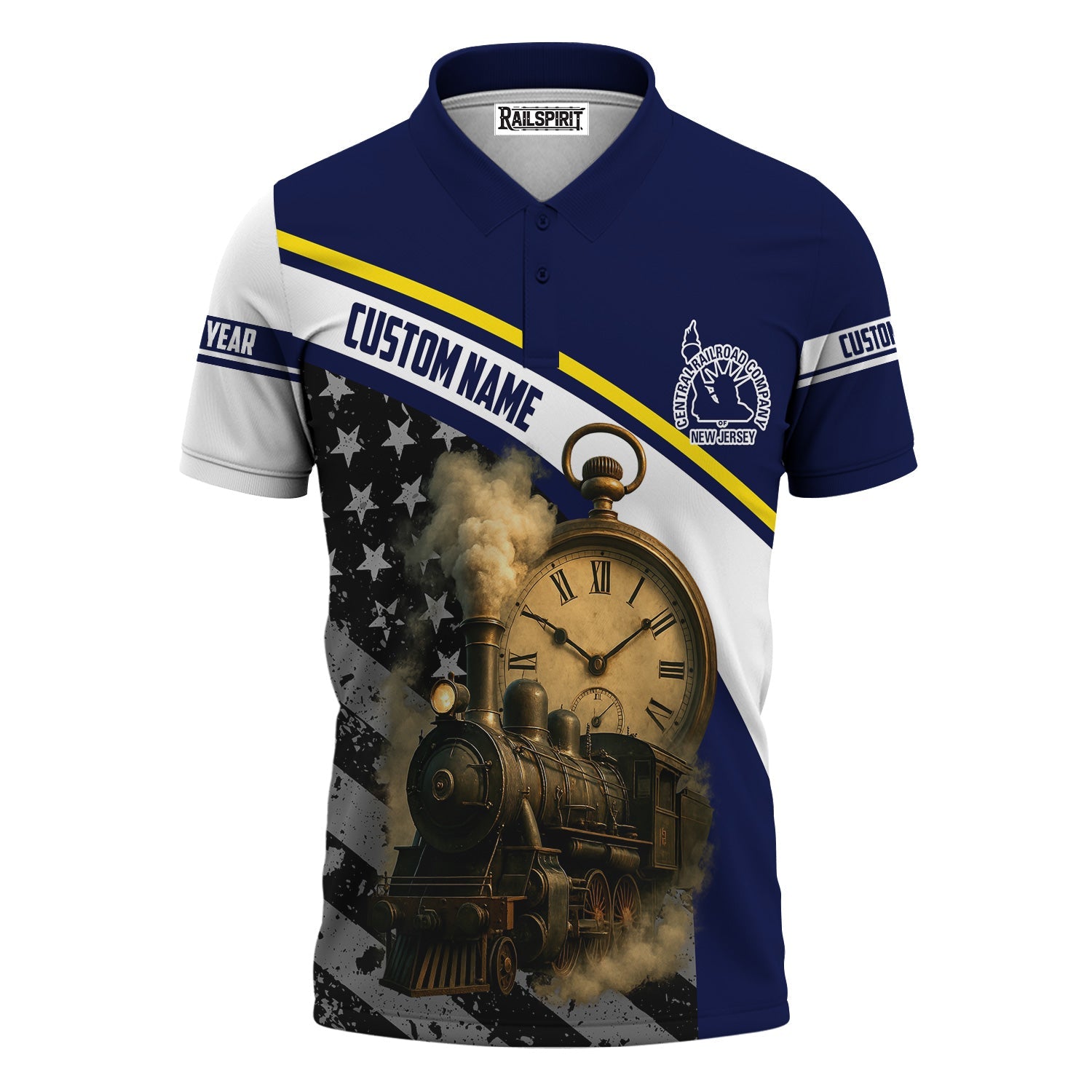 Railspirit Personalized CNJ Jersey Central Railroad Polo Shirt Classic Steam Engine With Retro Pocket Watch Shirt All Over Print