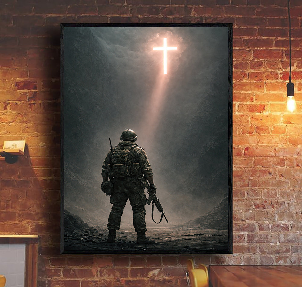Christian Soldier Wall Art Canvas, Military Faith Artwork with Glowing Cross Light, Warrior Standing in Dark Battlefield, Christian Gift for Men