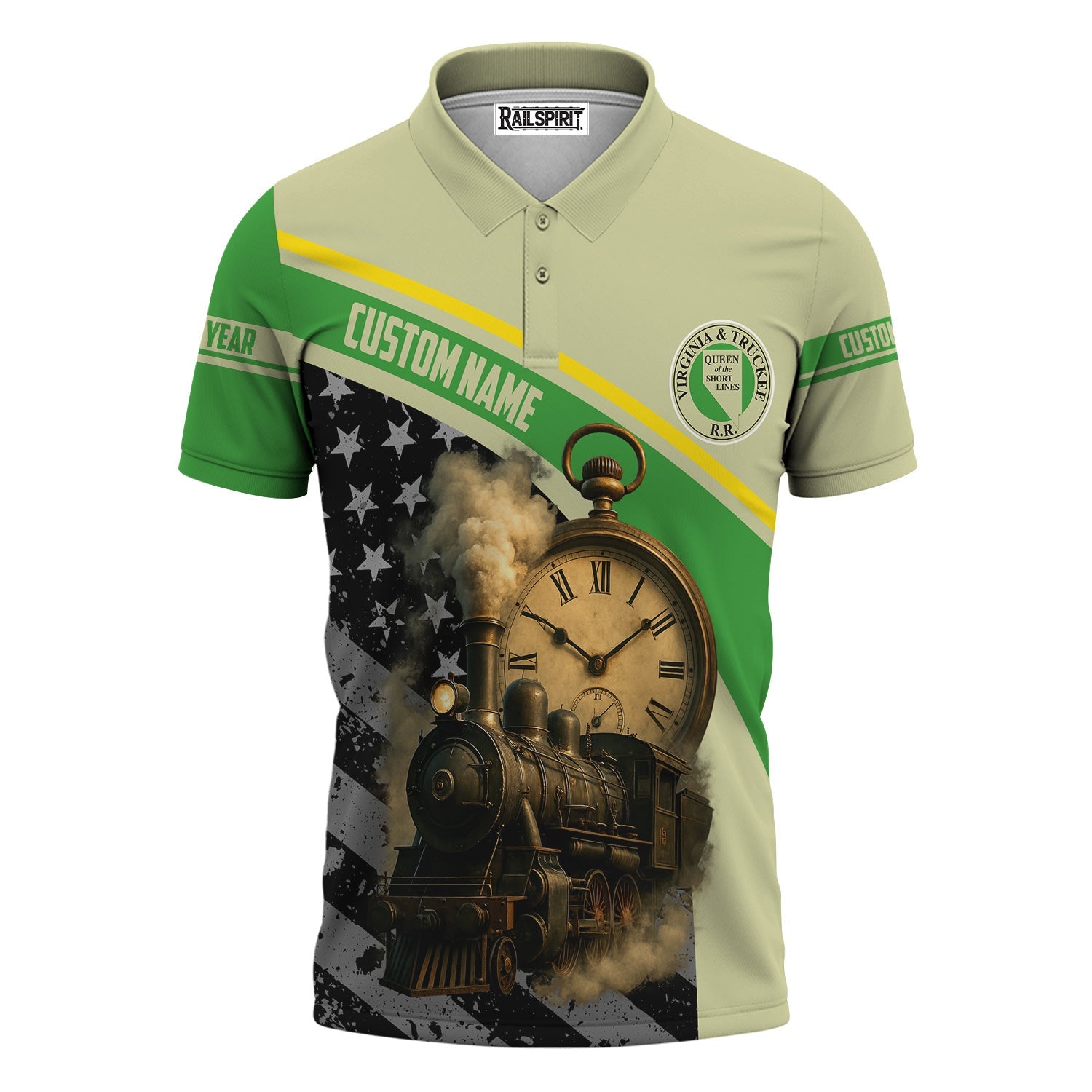 Railspirit Personalized Virginia & Truckee Railroad Polo Shirt Classic Steam Engine With Retro Pocket Watch Shirt All Over Print