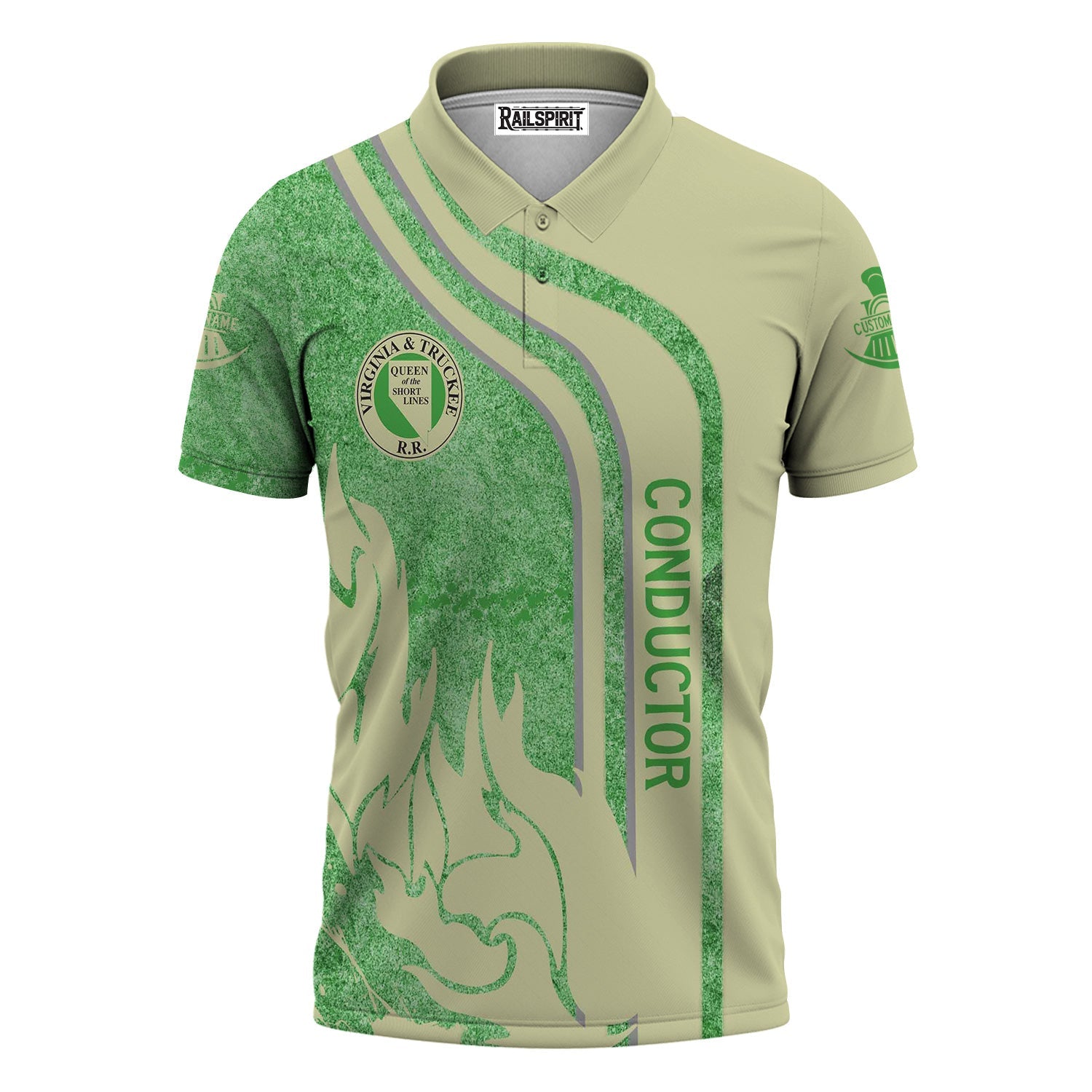 Railspirit Personalized Virginia & Truckee Railroad Polo Shirt Flame Design with Custom Job Position Train Shirt