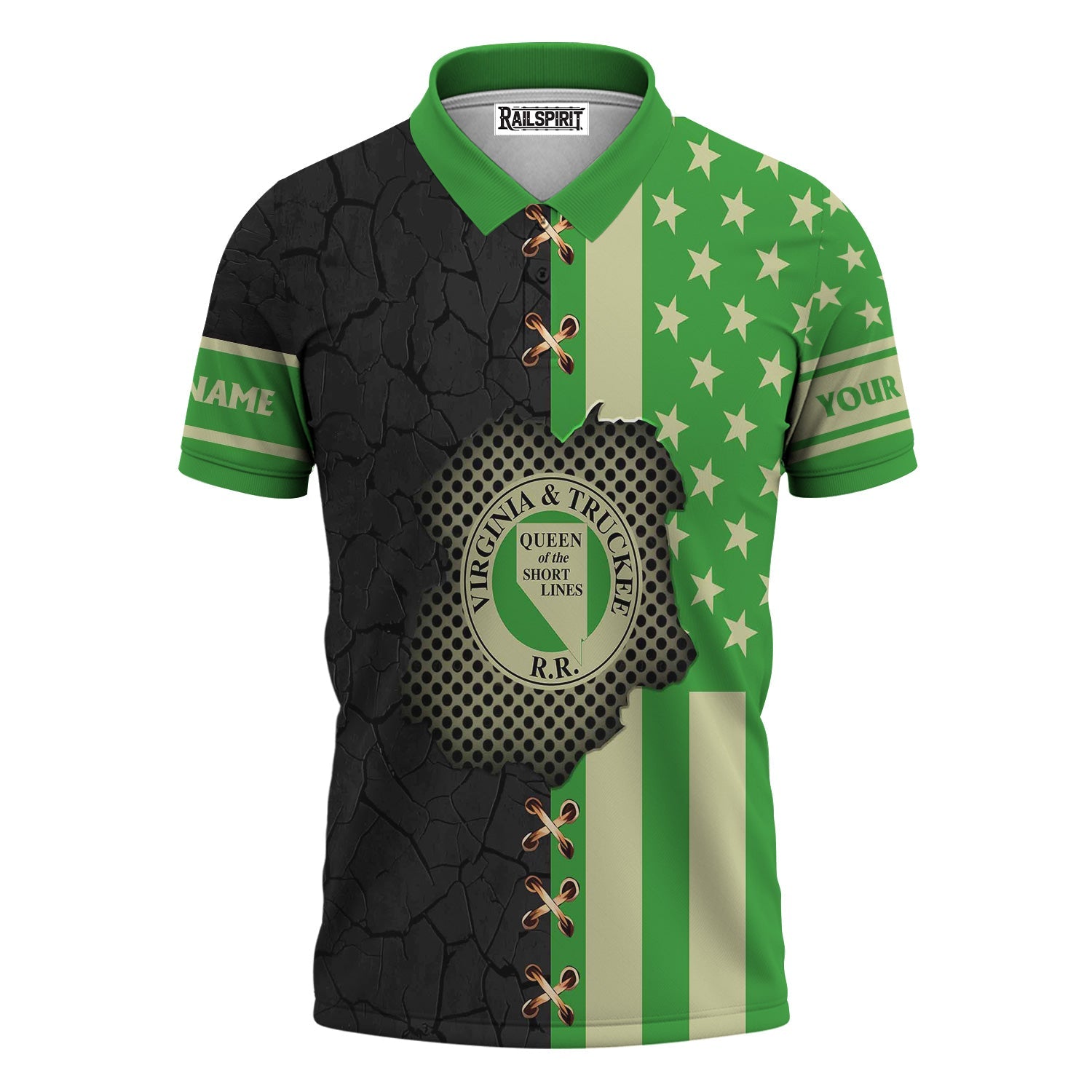 Railspirit Personalized Virginia & Truckee Railroad Polo Shirt American Flag with Crack Effect Train Shirt