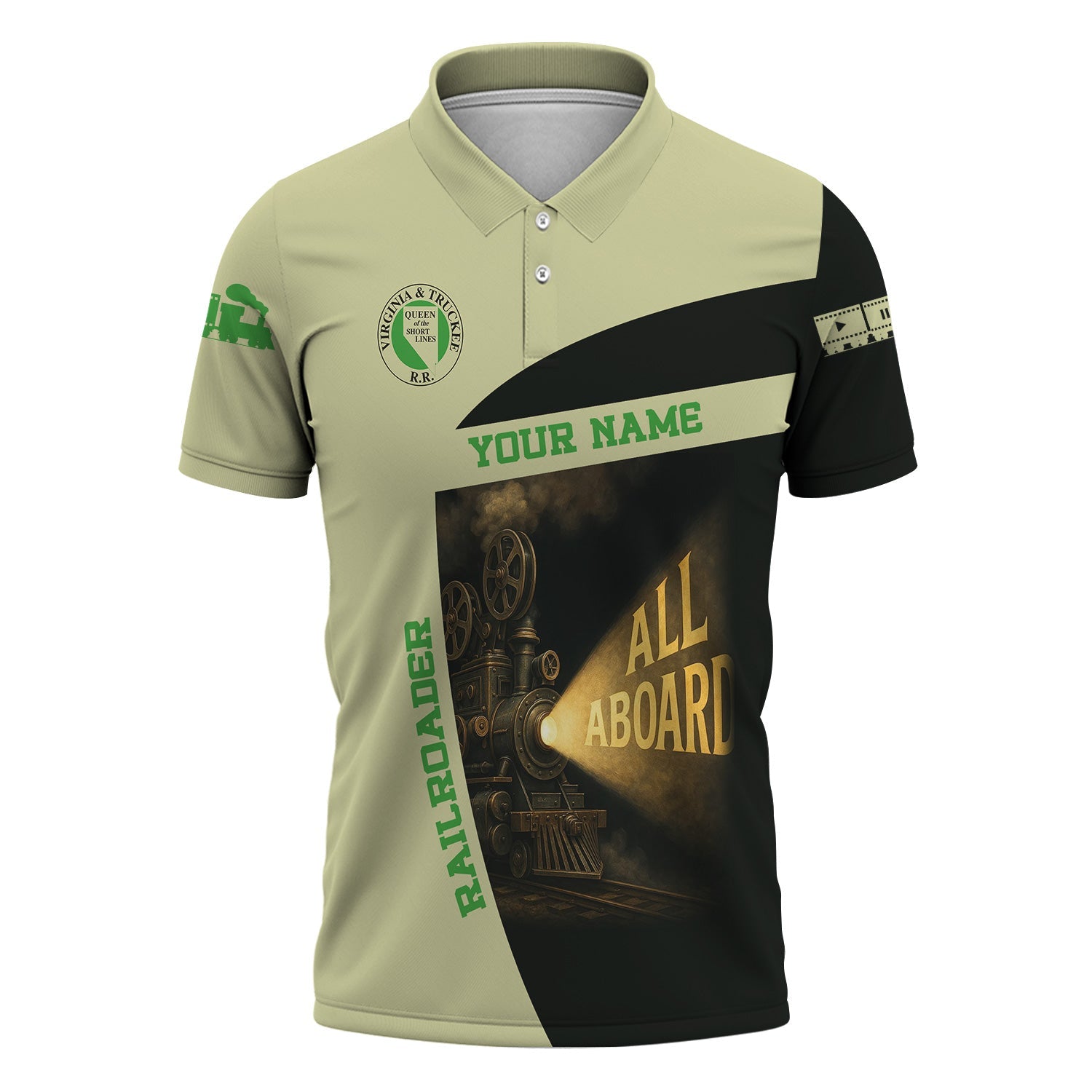 Railspirit Personalized Virginia & Truckee Railroad Polo Shirt All Aboard Steam Train Movie Projector Style Shirt