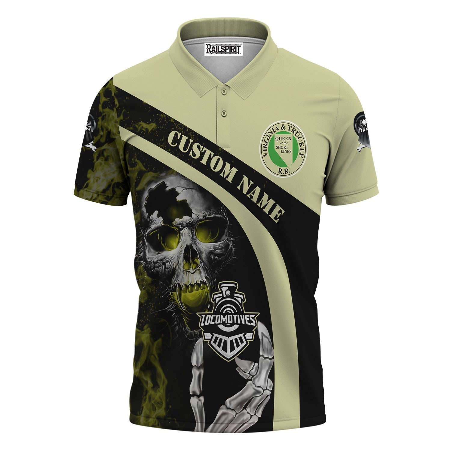 Railspirit Personalized Virginia & Truckee Railroad Polo Shirt Flame Skull Design Train Shirt for Locomotive Fans