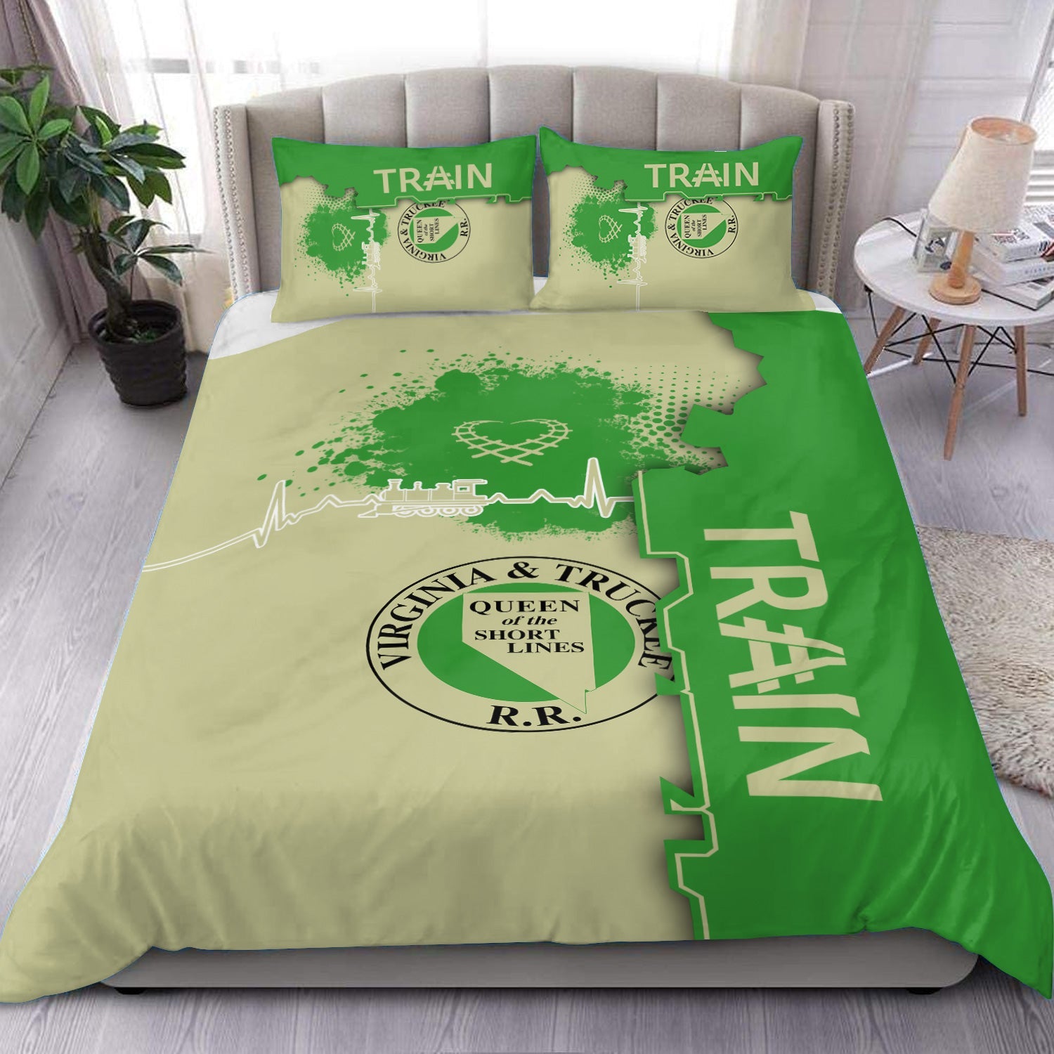 Railspirit Virginia & Truckee Railroad Bedding Set Engine Heartbeat and Track Love Style Bedding Set Gift Idea For Train Lovers