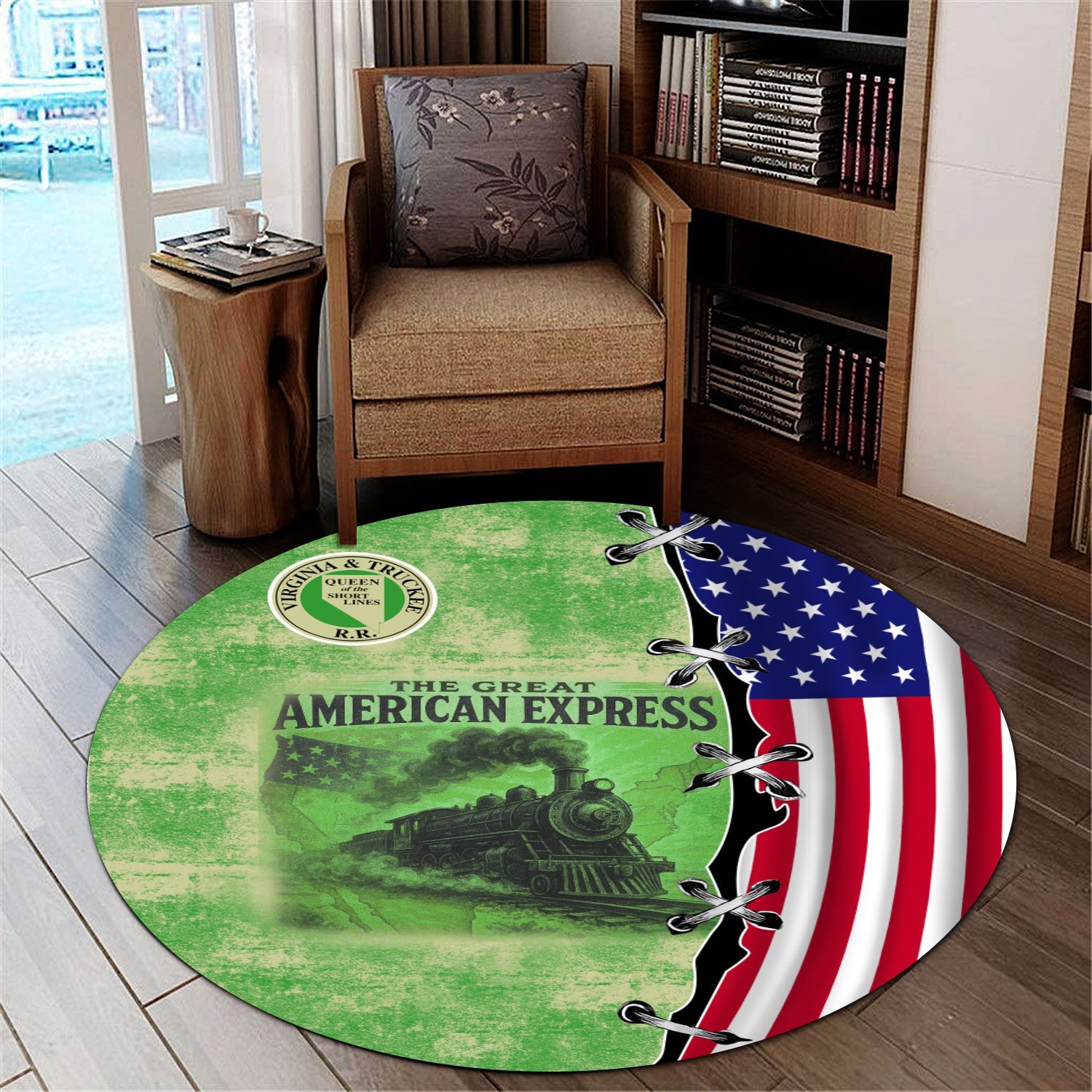 Railspirit Virginia & Truckee Railroad Round Mat Retro American Express Train With USA Flag Round Mat