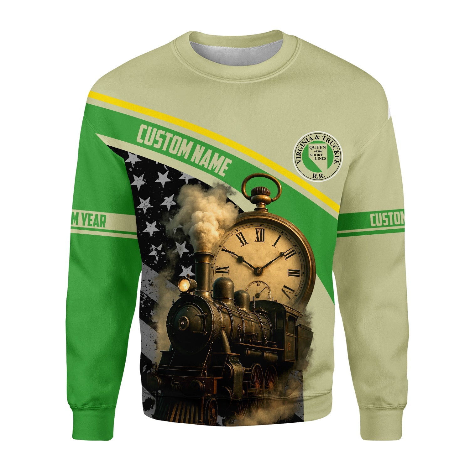 Railspirit Personalized Virginia & Truckee Railroad Sweatshirt Classic Steam Engine With Retro Pocket Watch Shirt All Over Print