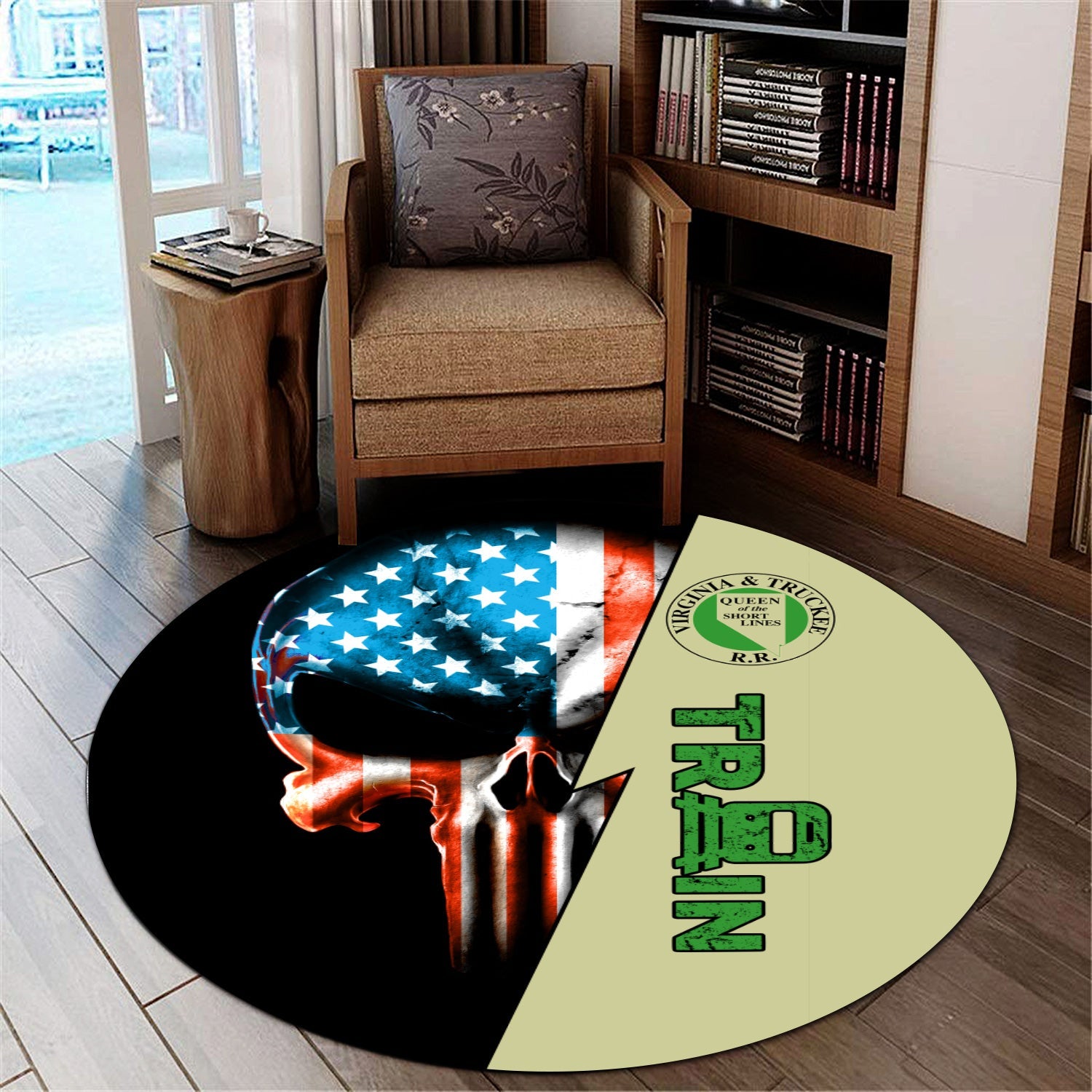 Railspirit Virginia & Truckee Railroad Round Mat Train Skull American Flag Style Rug All Over Print
