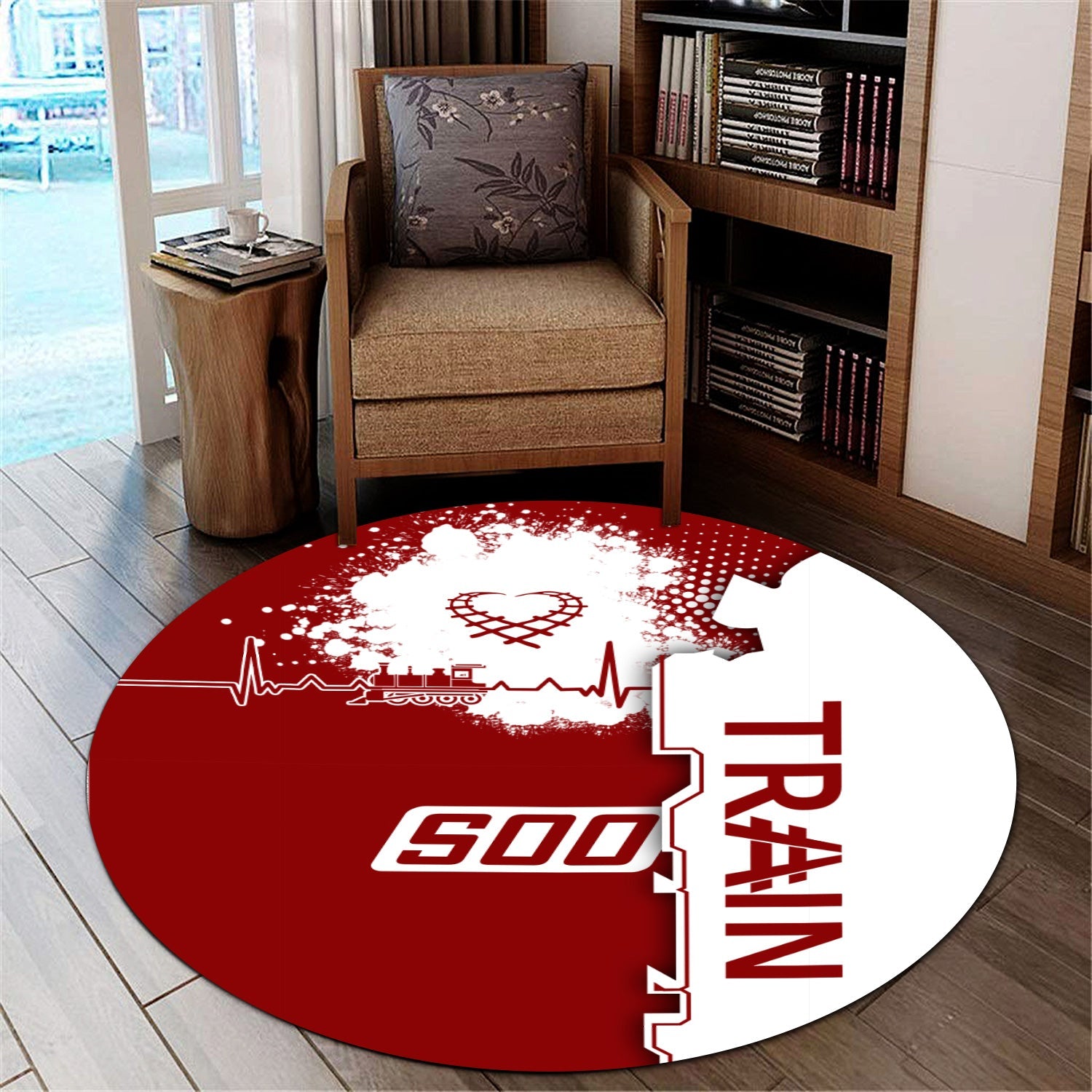 Railspirit Soo Line Railroad Round Mat Engine Heartbeat and Track Love Style Mat Gift Idea For Train Lovers