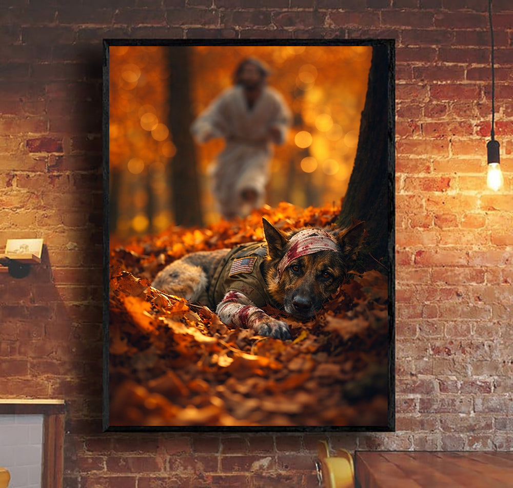Jesus Saving Military Dog Canvas Print, Christian Wall Art, Patriotic Faith Poster, Soldier Dog Artwork, Religious Decor, Veteran Gift