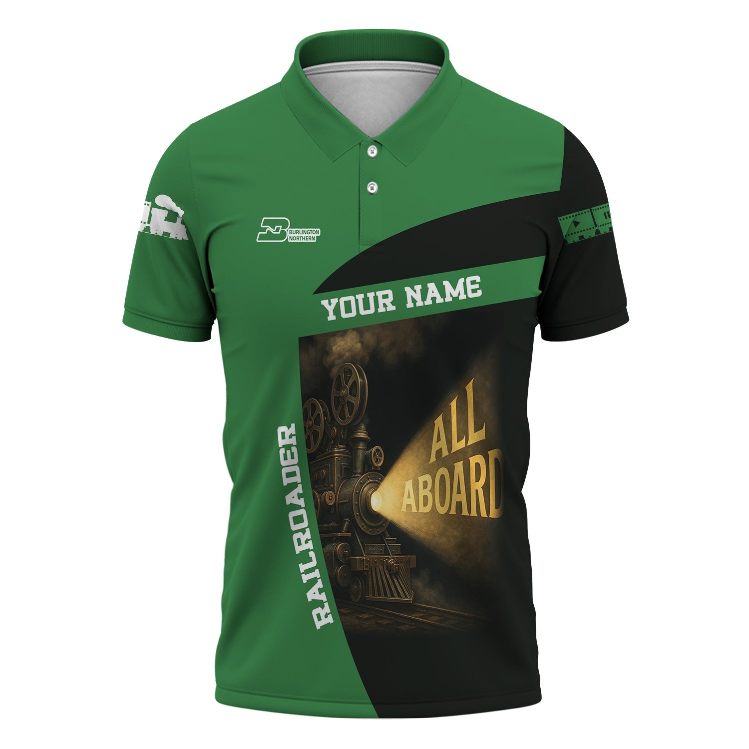 Railspirit Personalized Burlington Northern Railroad Polo Shirt All Aboard Steam Train Movie Projector Style Shirt