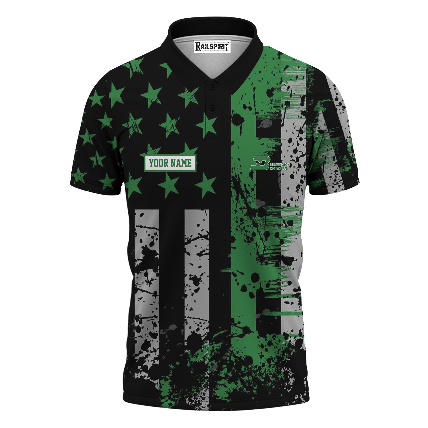 Railspirit Personalized Burlington Northern Railroad Polo Shirt Artistic Paint American Flag Style Train Shirt