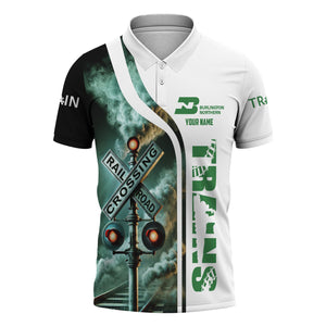 Railspirit Personalized Burlington Northern Railroad Polo Shirt Crossing Railroad Sign American Locomotive Train Shirt All Over Print