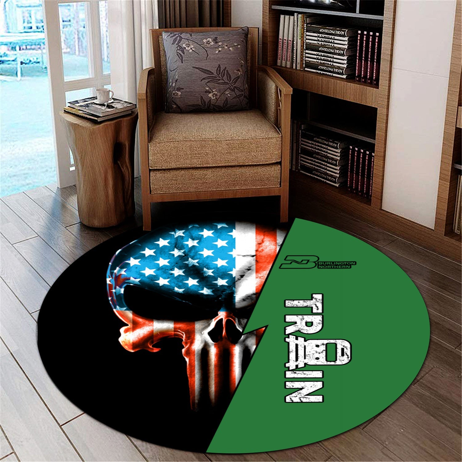 Railspirit Burlington Northern Railroad Round Mat Train Skull American Flag Style Rug All Over Print