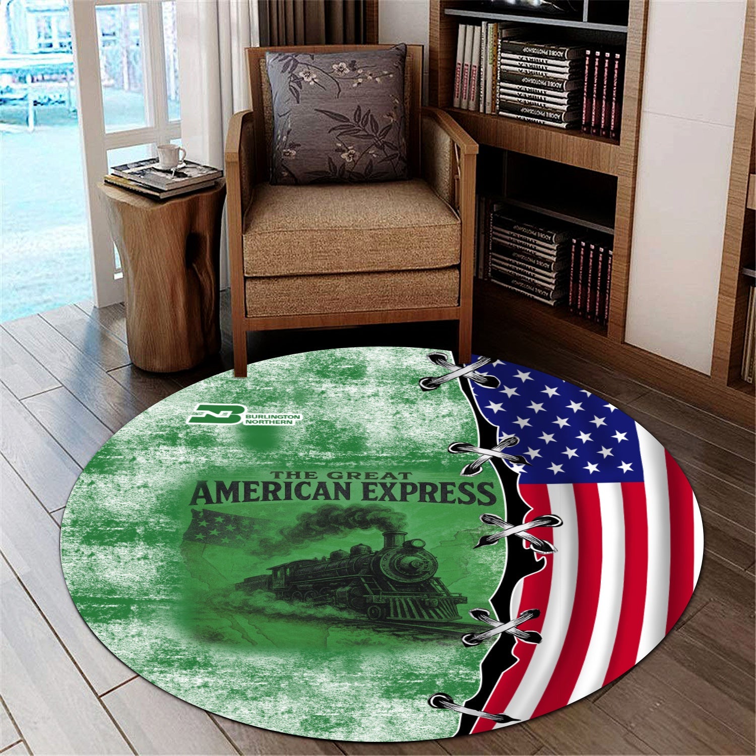Railspirit Burlington Northern Railroad Round Mat Retro American Express Train With USA Flag Round Mat